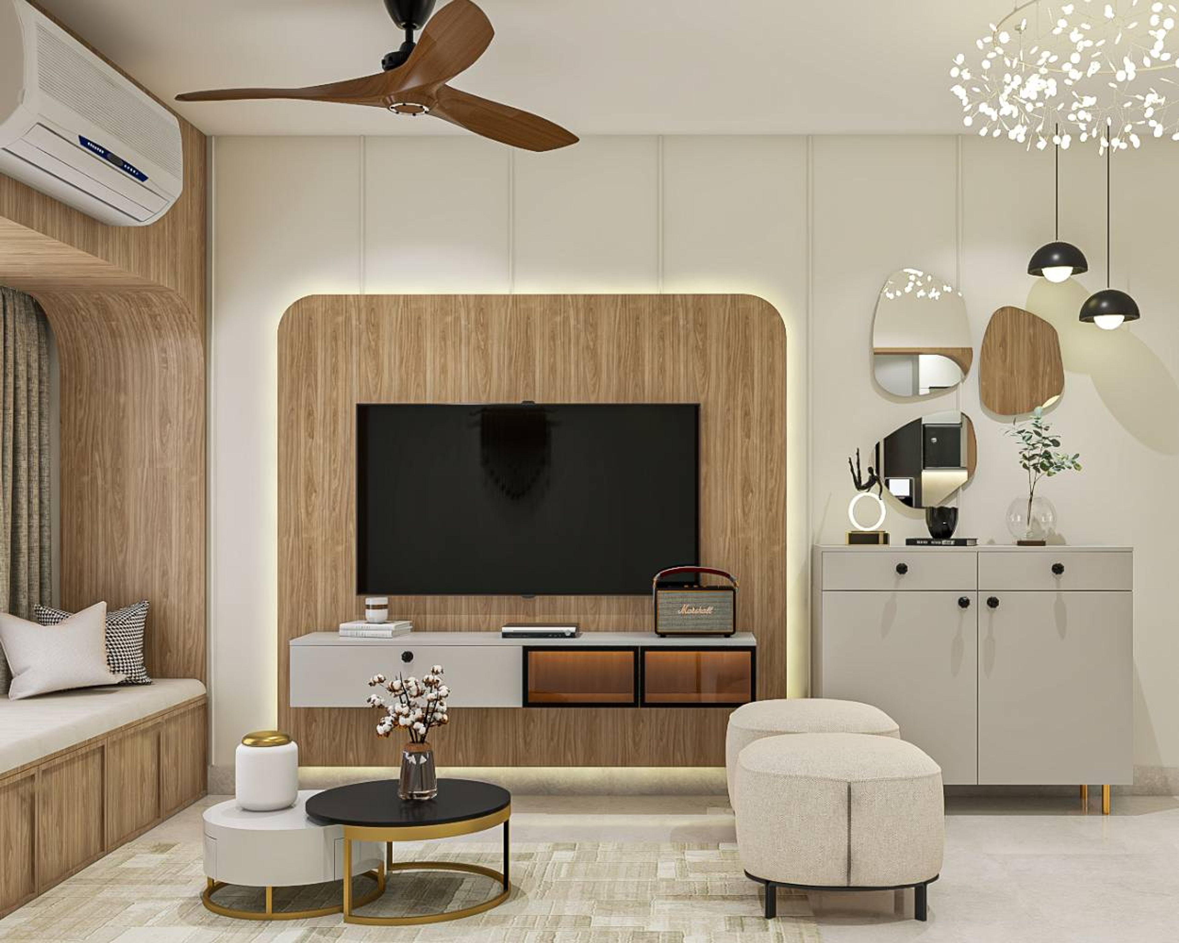 Contemporary White TV Unit Design with Acacia Wood Panel and Curved Alcove