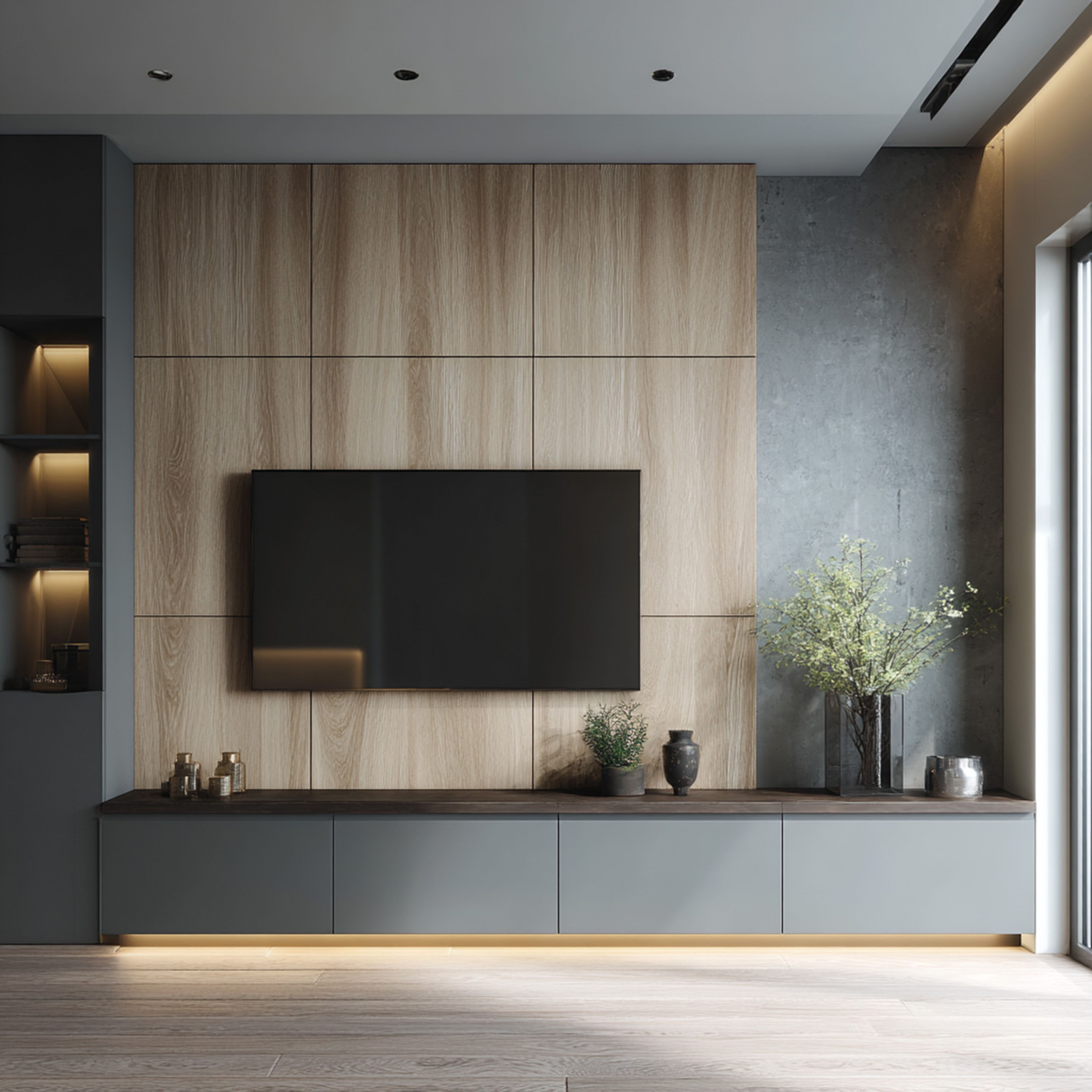 Modern Dual Tone TV Unit Design with Glass Cabinet