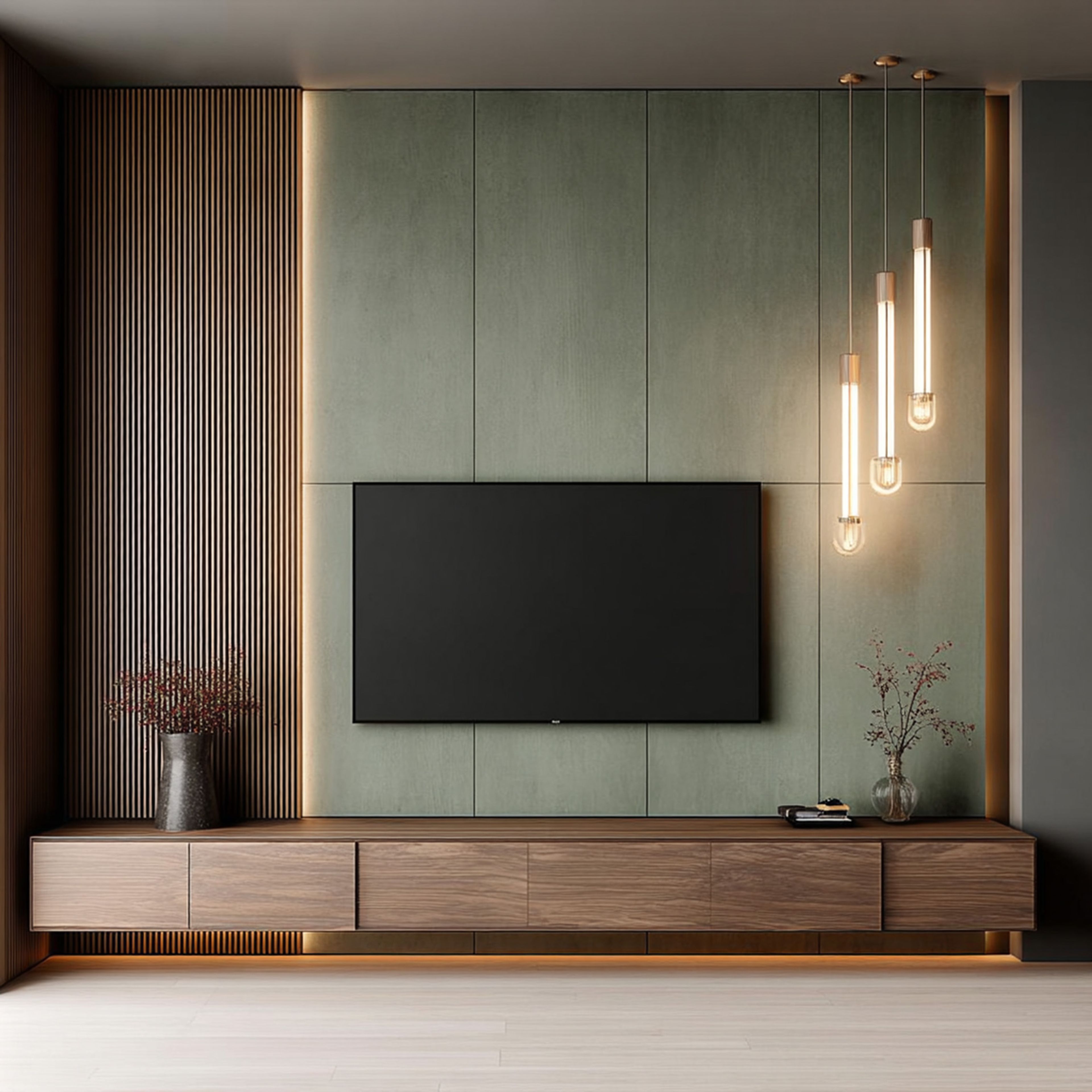 Walnut Contemporary TV Unit Design with Fluted Back Panel and LED Lighting