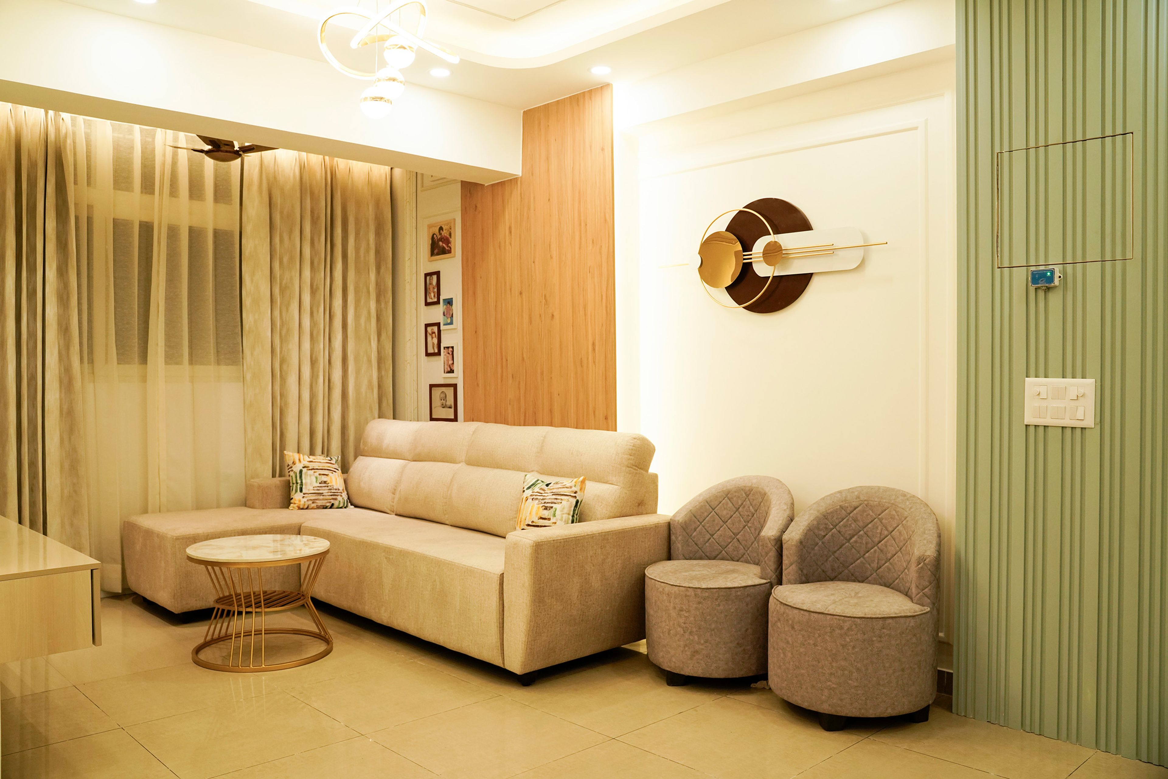 Contemporary Living Room Wall Design with Sage and Wood Panel Backdrop