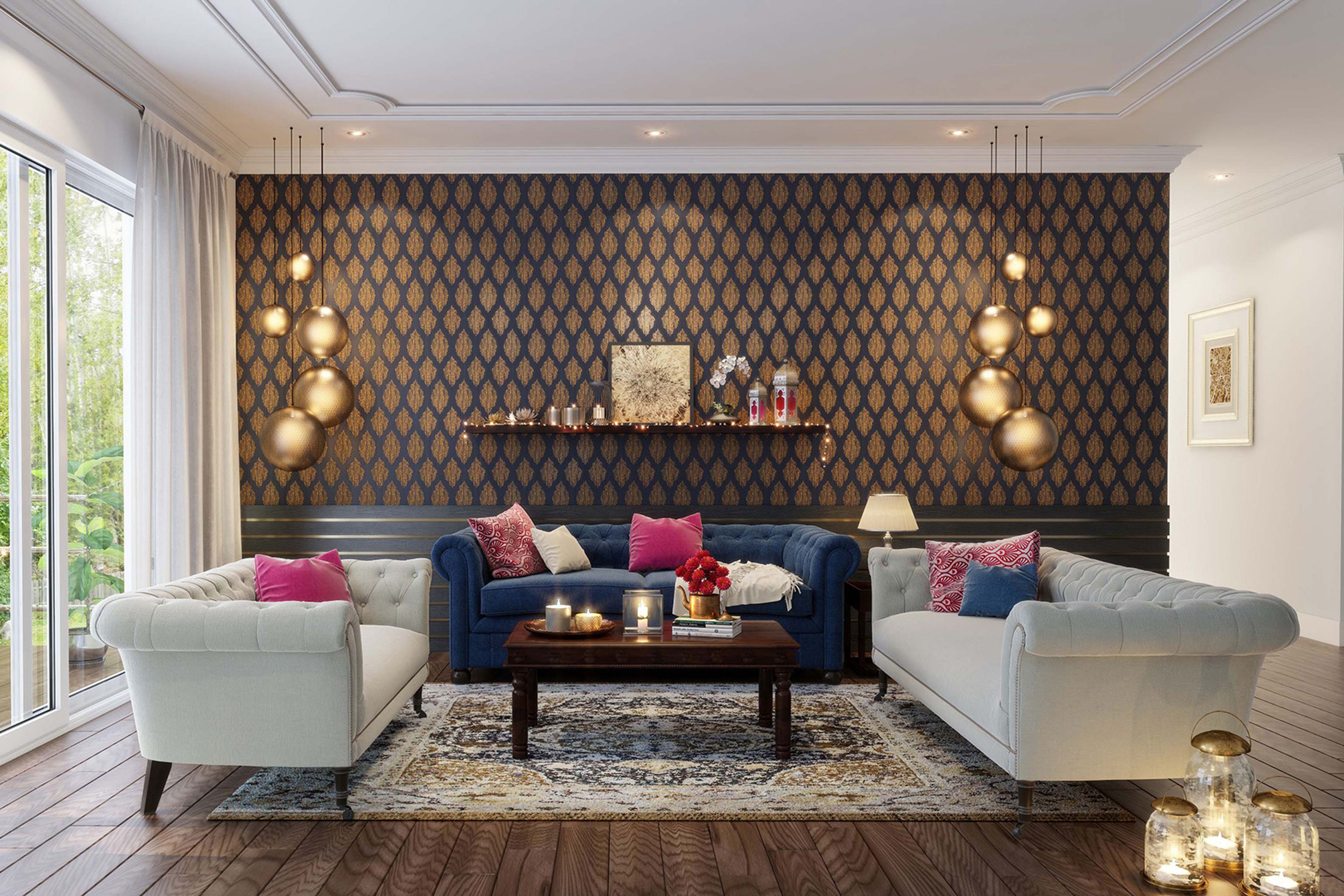 Dark Blue Contemporary Wallpaper Design with Golden Motif Pattern