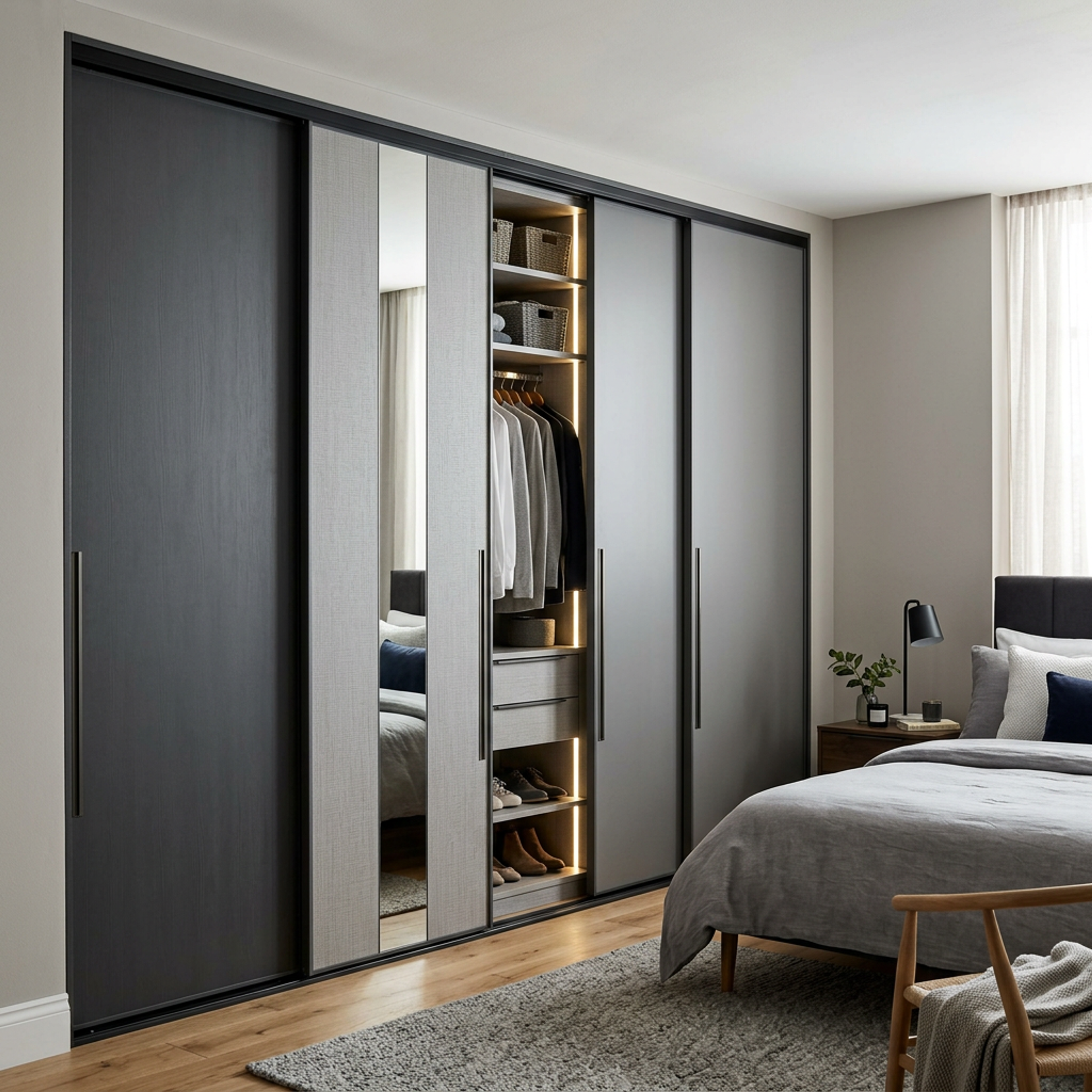 Modern 3-Door Sliding Wardrobe Design with Light and Dark Grey Finish