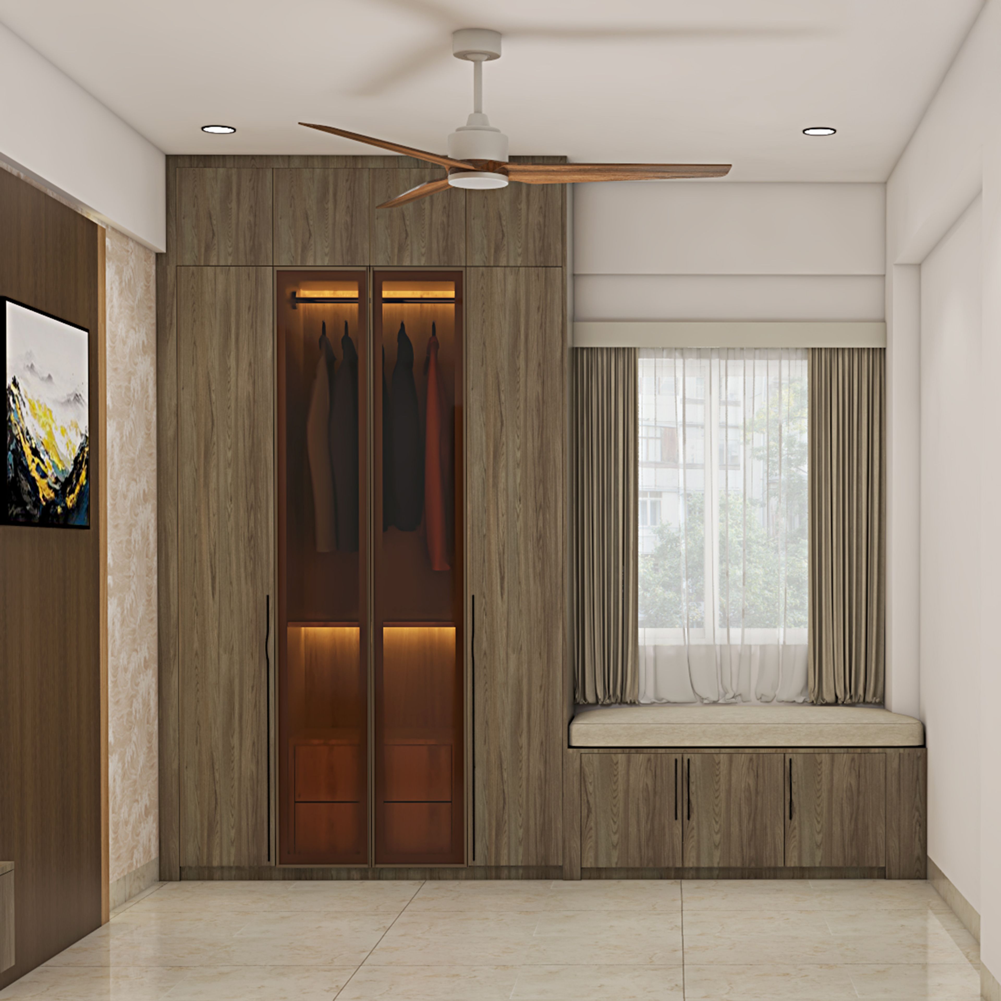 4-Door Modern Wardrobe Design with Seating and Illuminated Display Storage