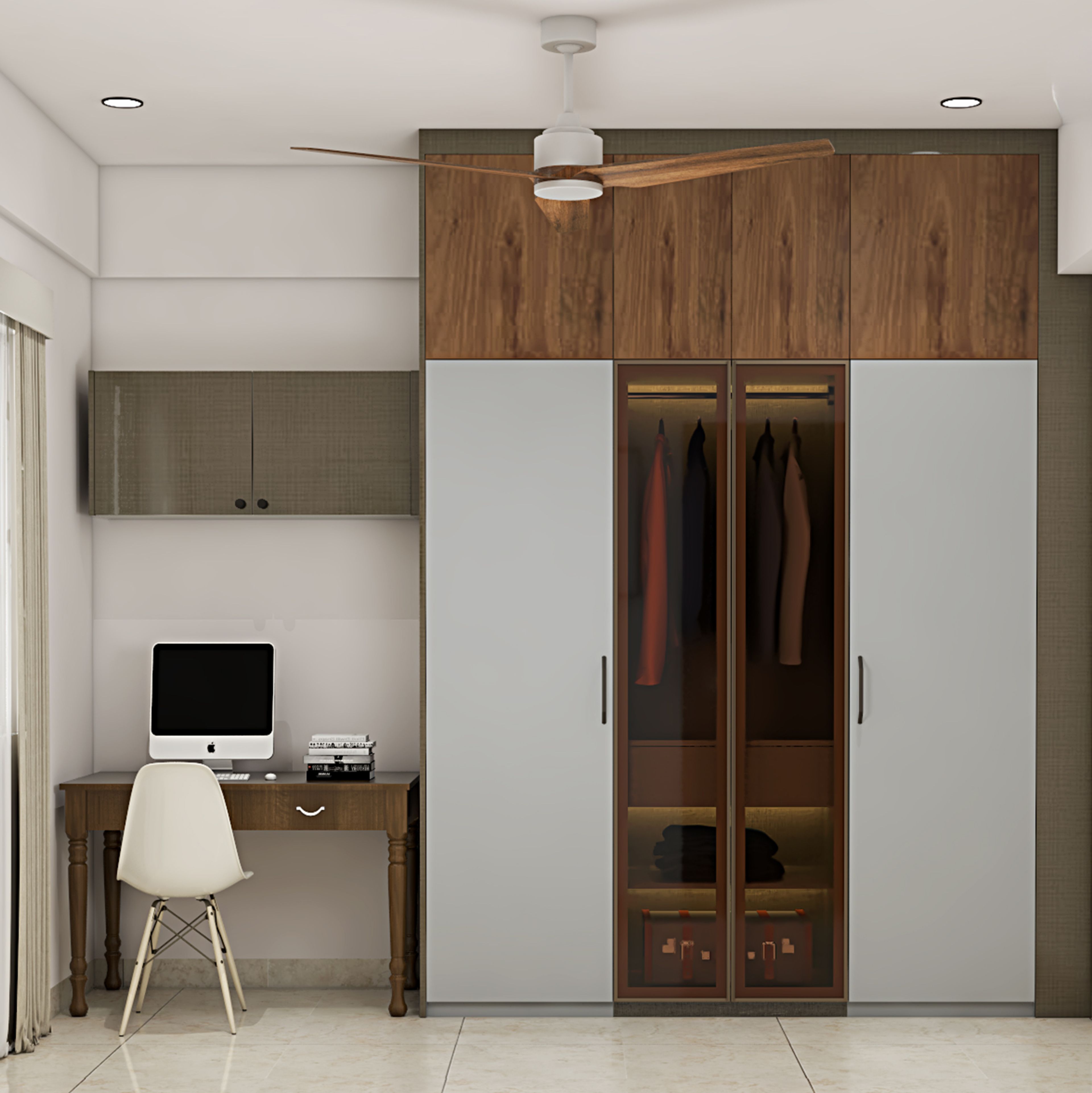 Contemporary 4-Door Wardrobe Design with Glass Display and Integrated Study Desk