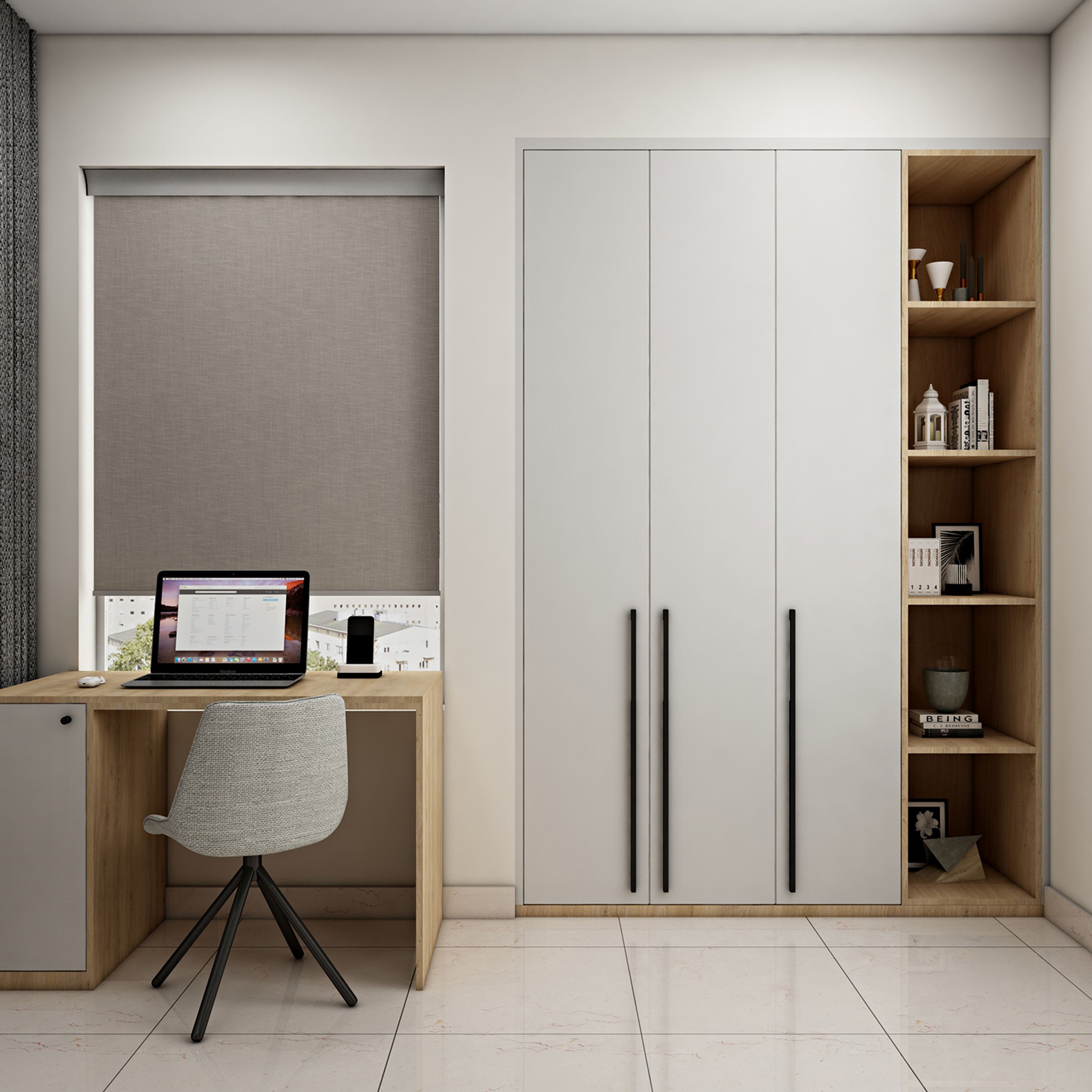 Minimal 3-Door Swing Wardrobe Design with Open Shelving and Utility