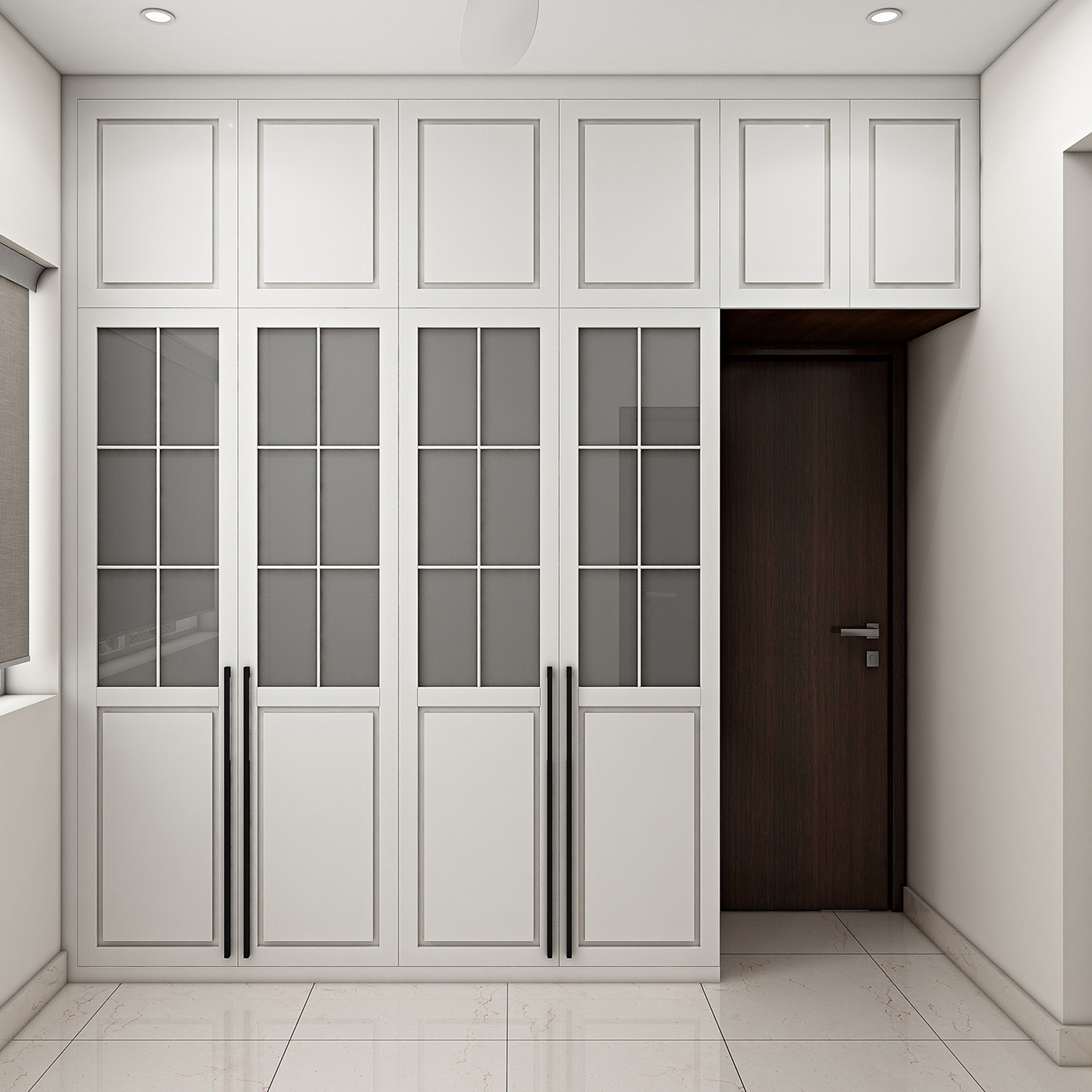 4-Door Classic Swing Wardrobe Design with White Finish and Glass Panels