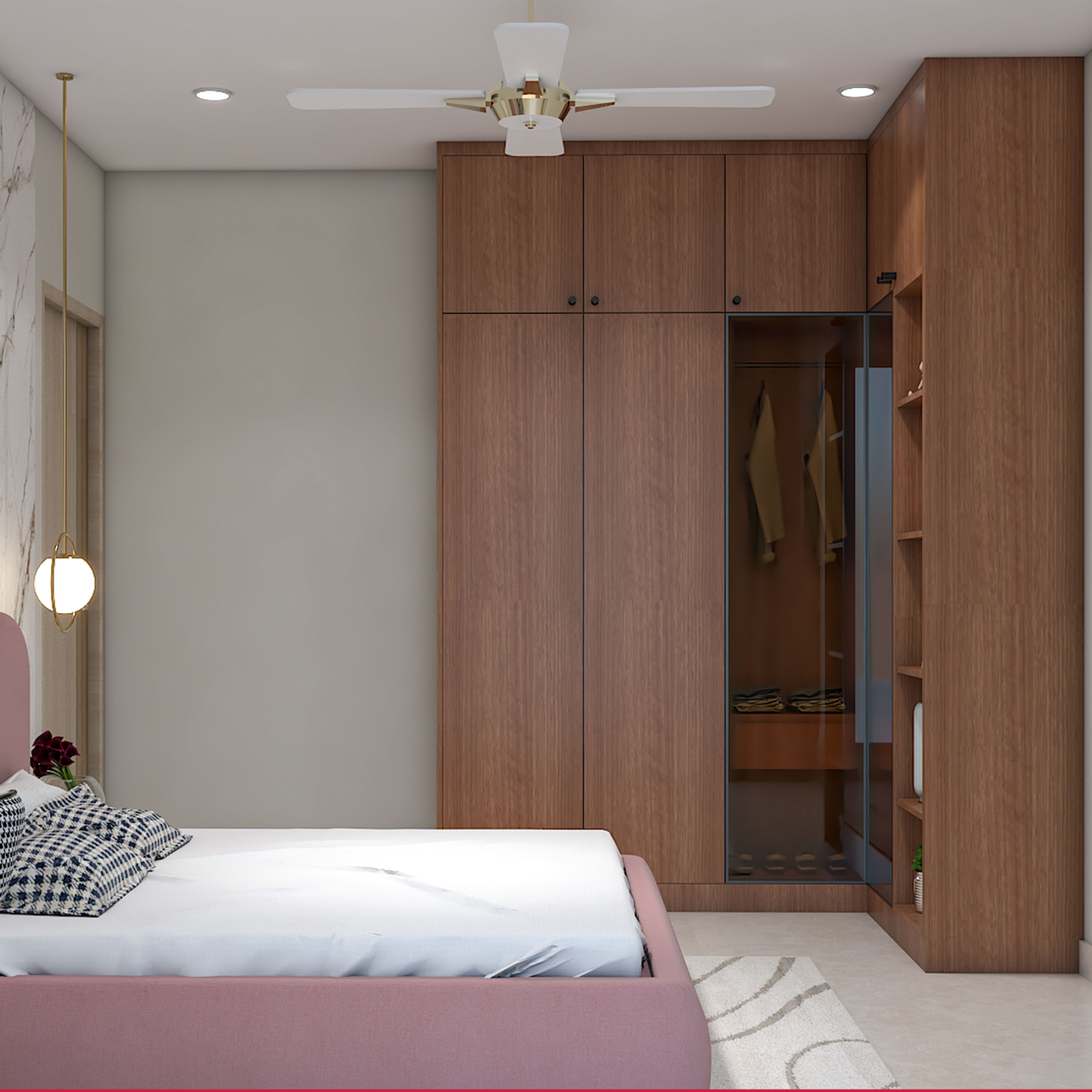 Contemporary Swing Wardrobe Design in Walnut Bronze Finish and Glass Display Shutter