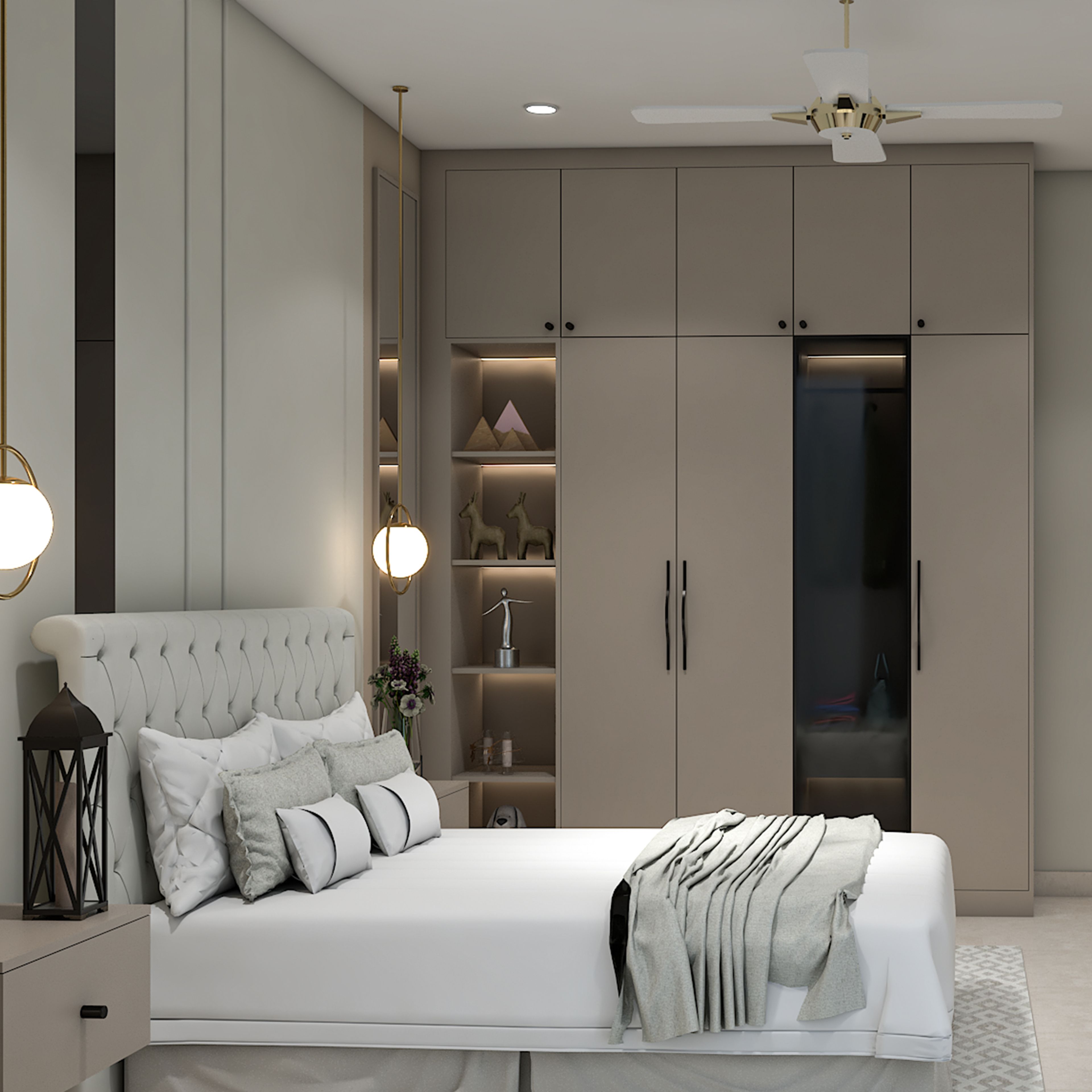 Light Beige Modern Swing Wardrobe Design in Matte Finish and Glass Display Panel