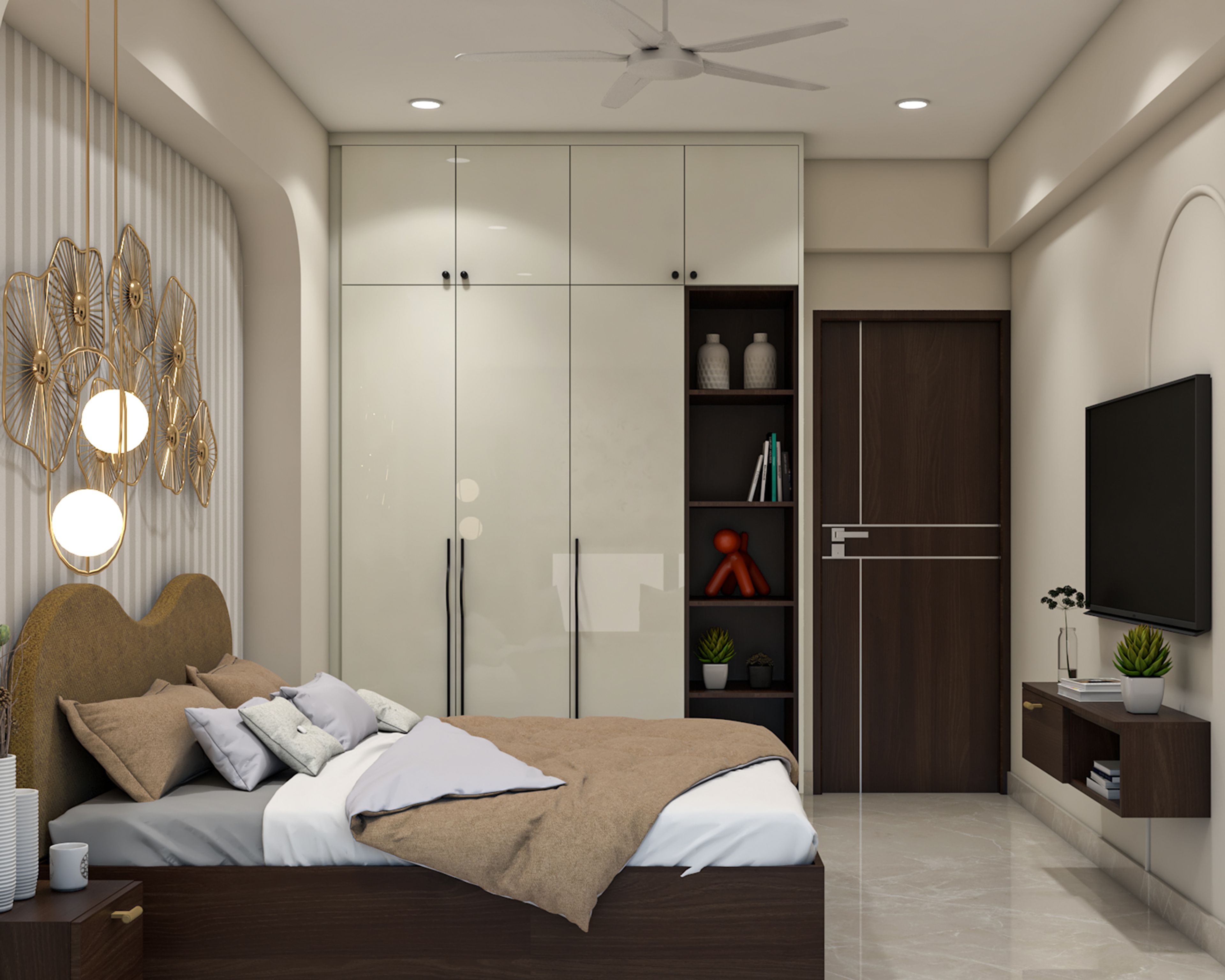 Modern 3-Door Wardrobe Design with Swing Doors and Display Shelving