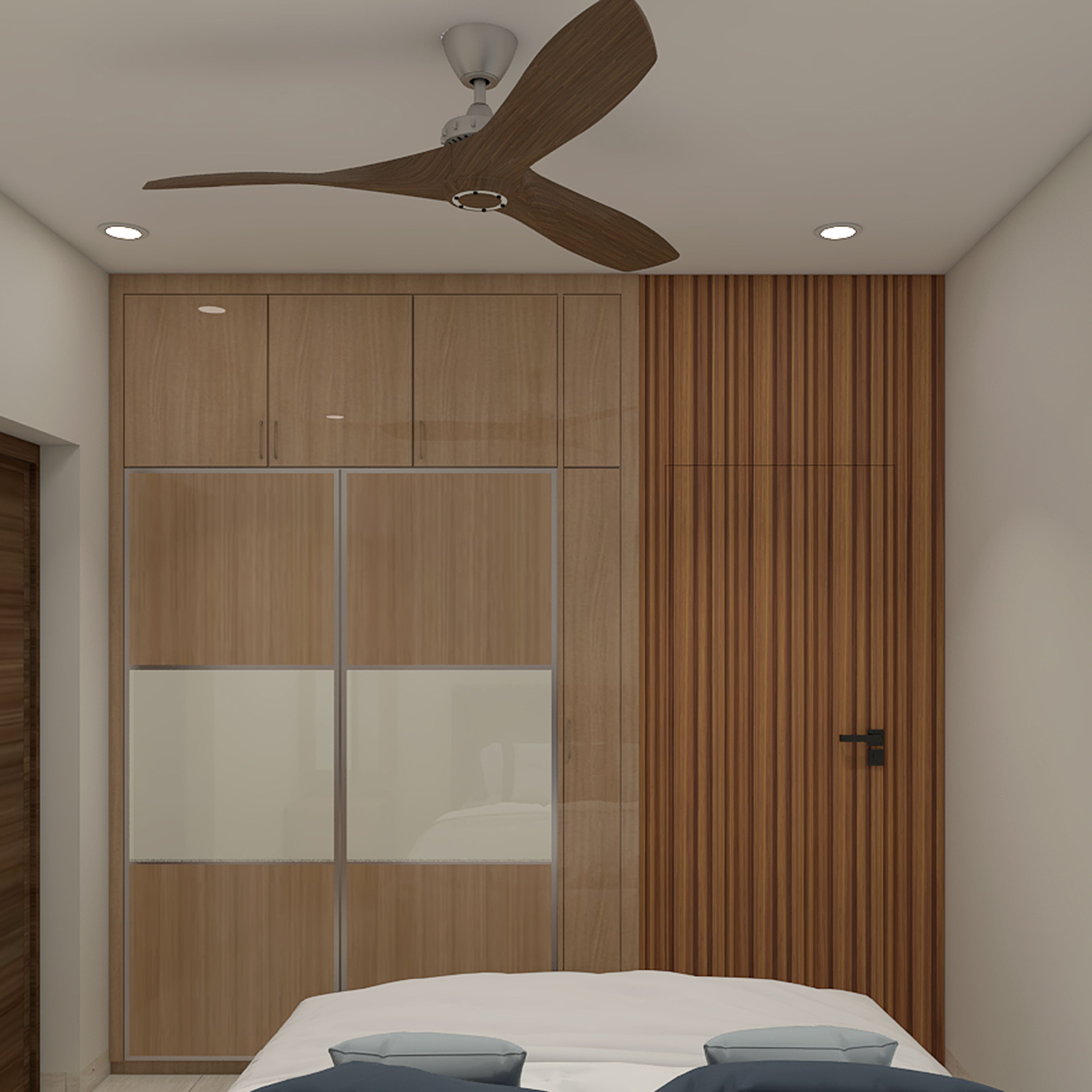 White and Teak Modern Sliding Wardrobe Design with Frosted Panels and Wood Finish