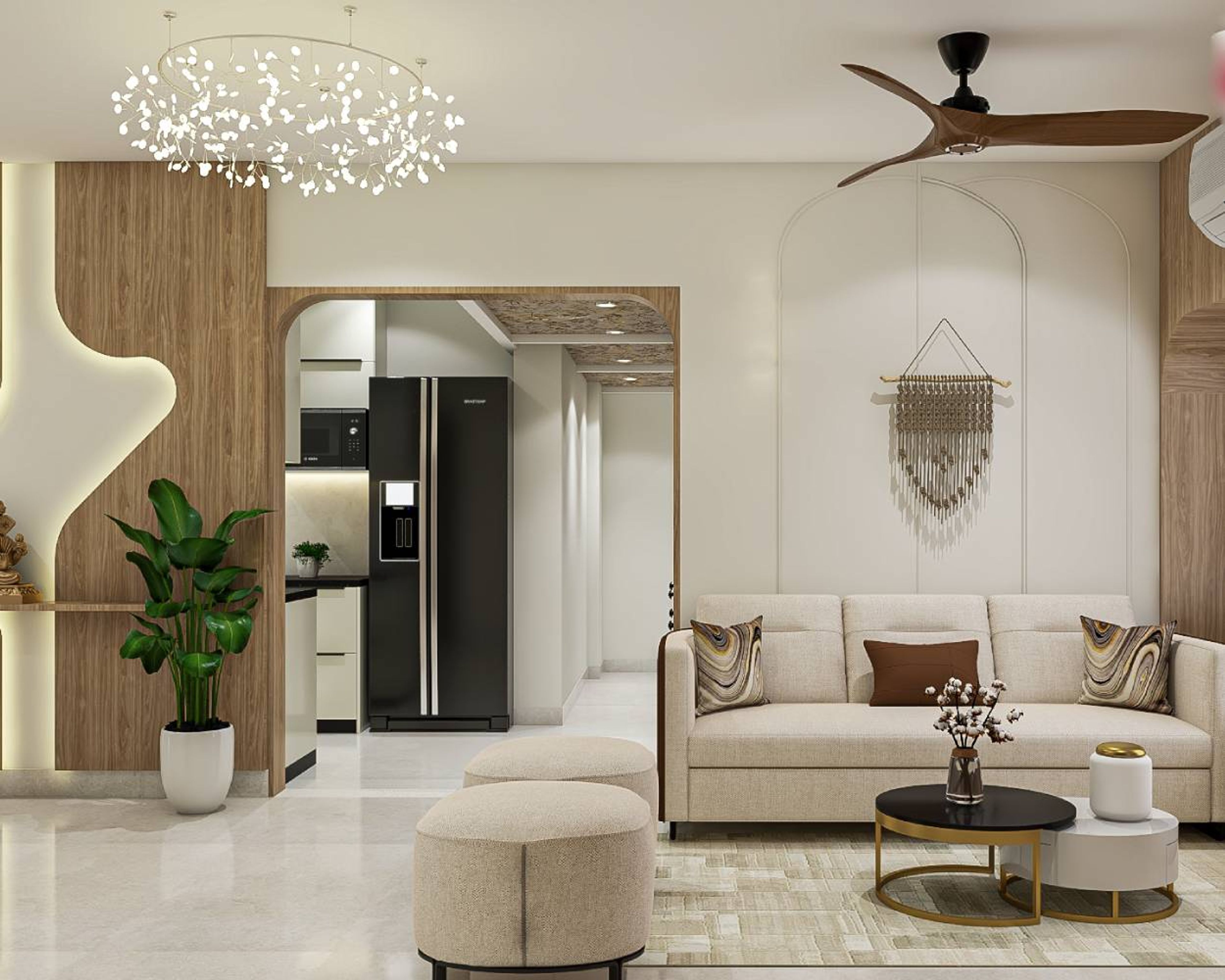 Contemporary Living Room Design with 3-Seater Cream Sofa and Ottoman