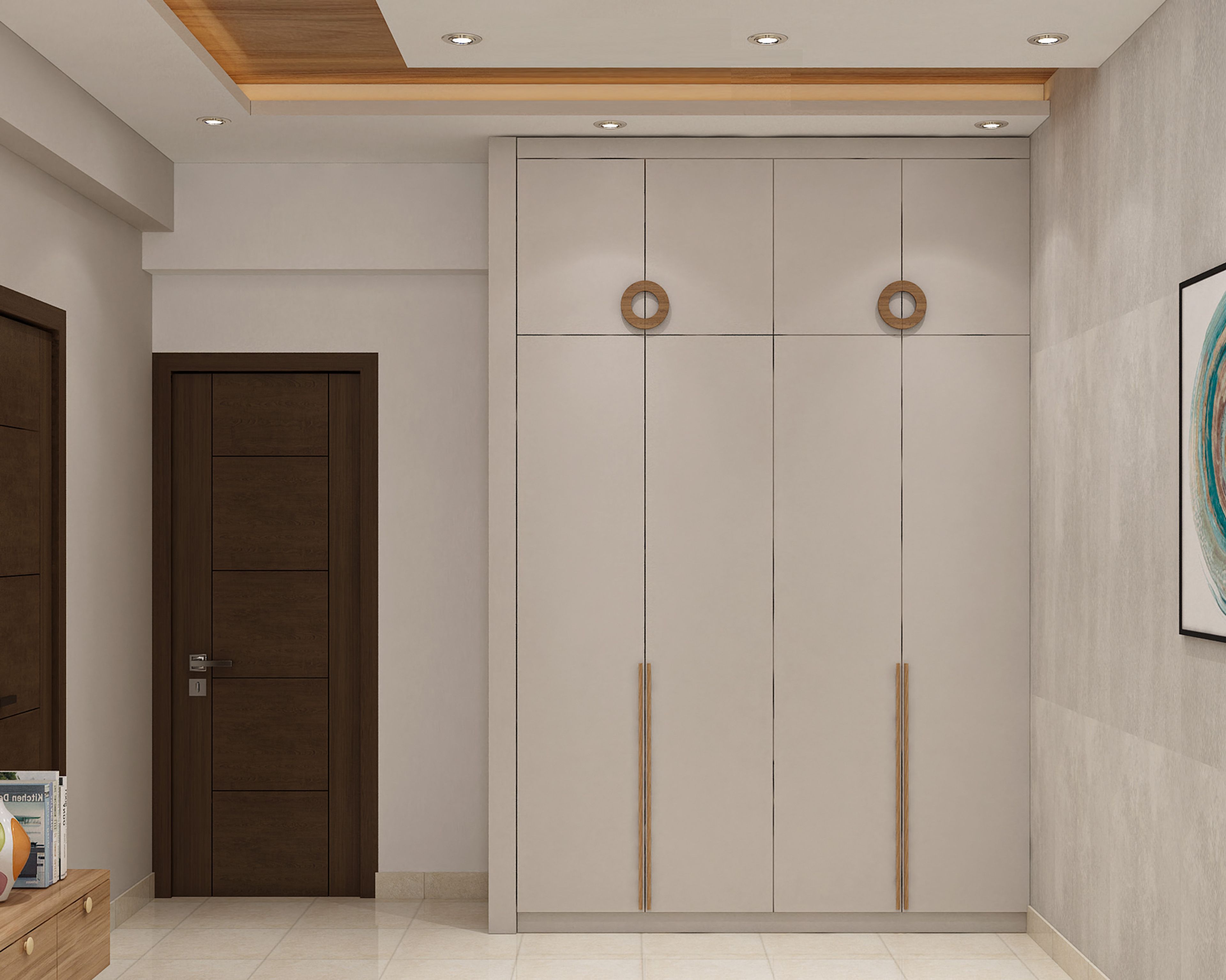 Modern 4-Door Beige Swing Wardrobe Design with Full Height Storage