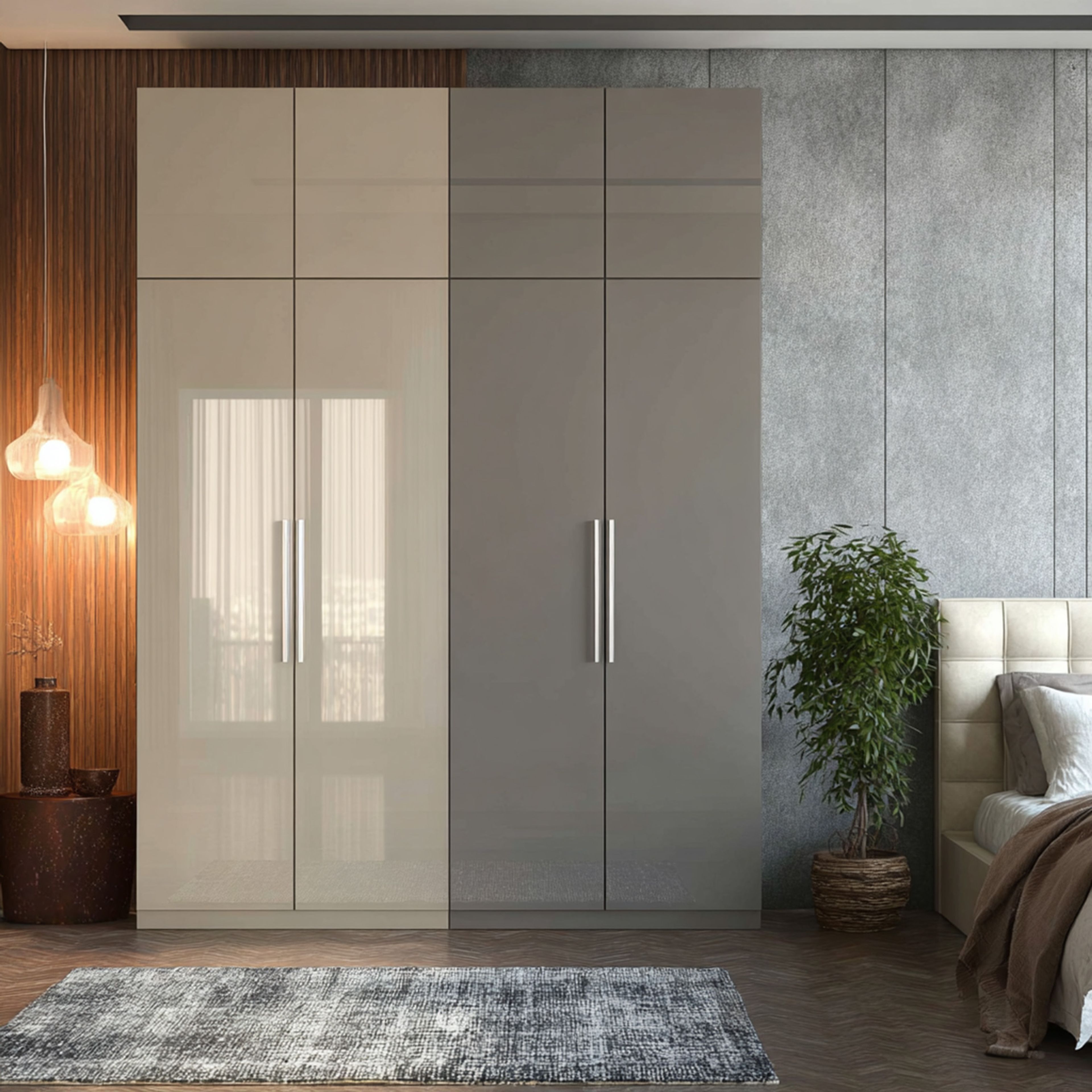 Beige and Grey 4-Door Swing Wardrobe Design with Gloss Finish