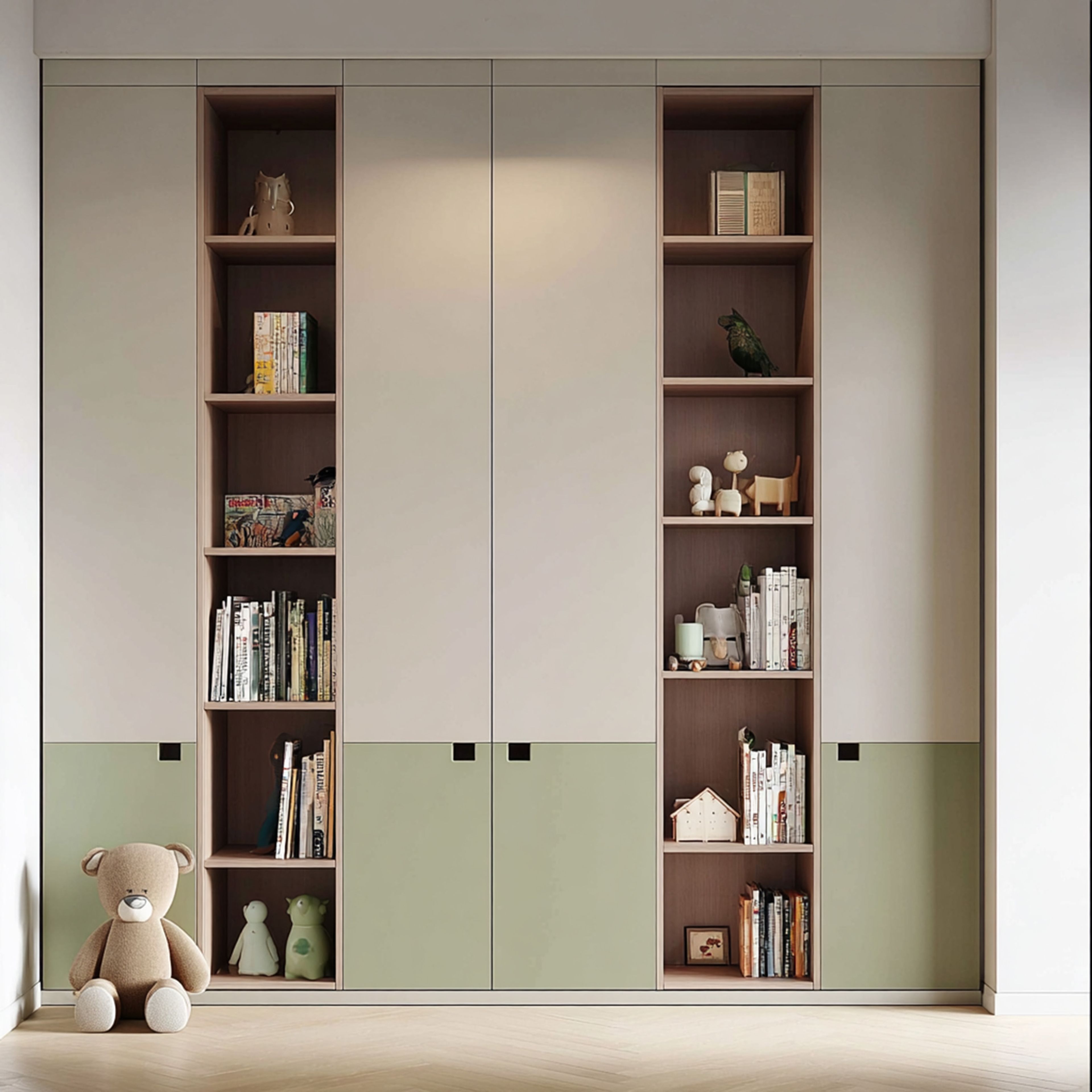 Minimal 4-Door Beige Green Swing Wardrobe Design with Open Shelving