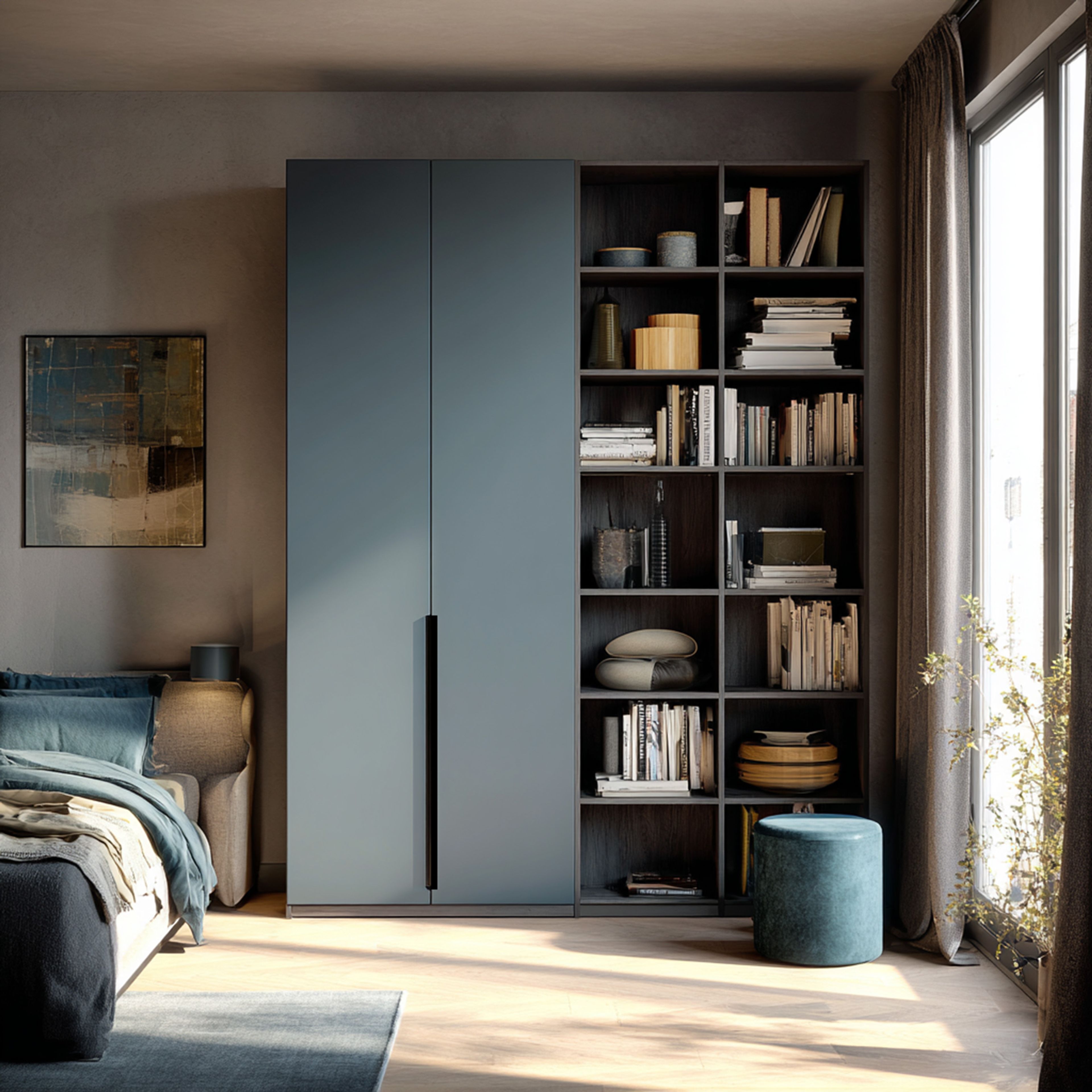 2-Door Shore Oak Contemporary Swing Wardrobe Design with Display Shelves