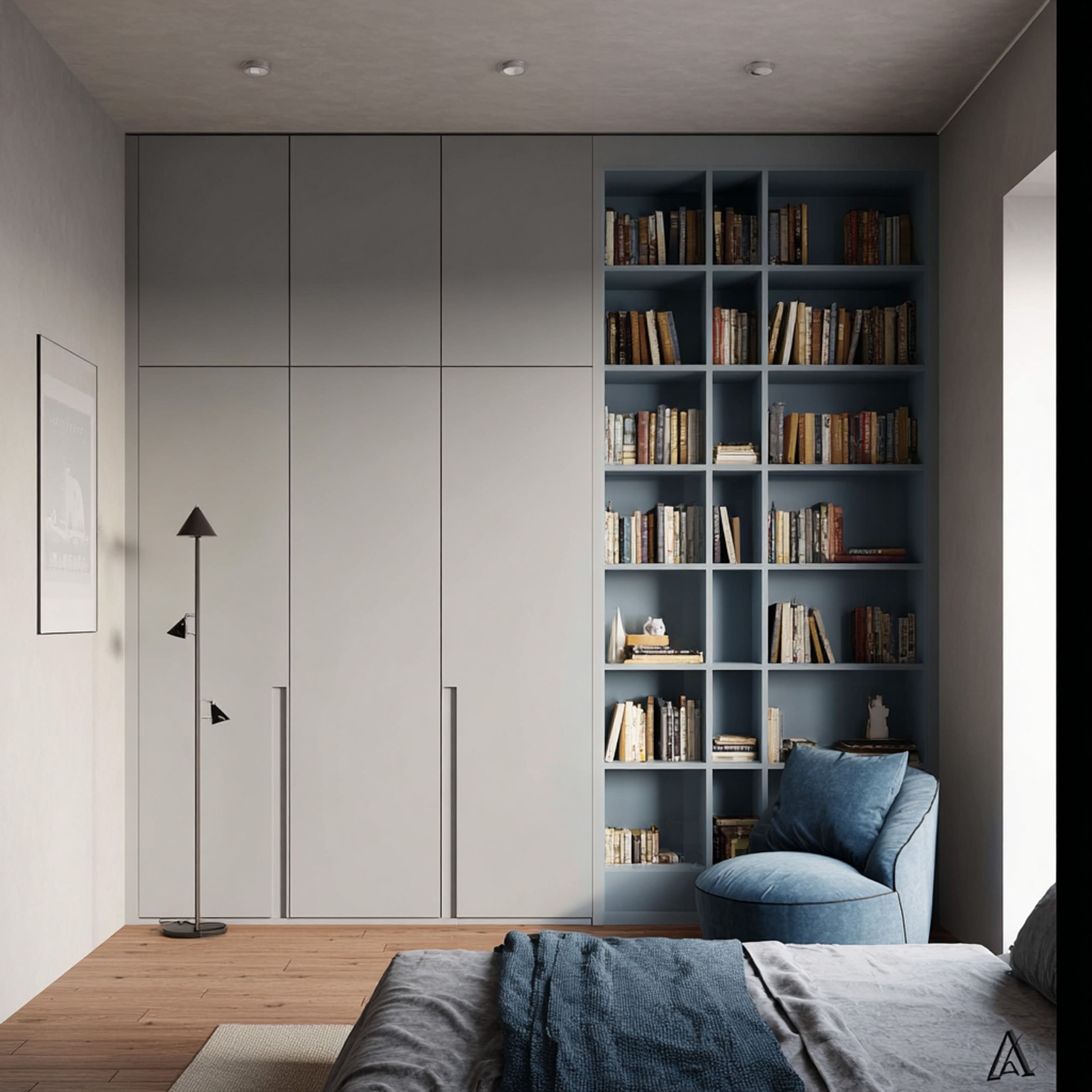 Modern Full Height 3-Door Grey Swing Wardrobe Design with Display Units