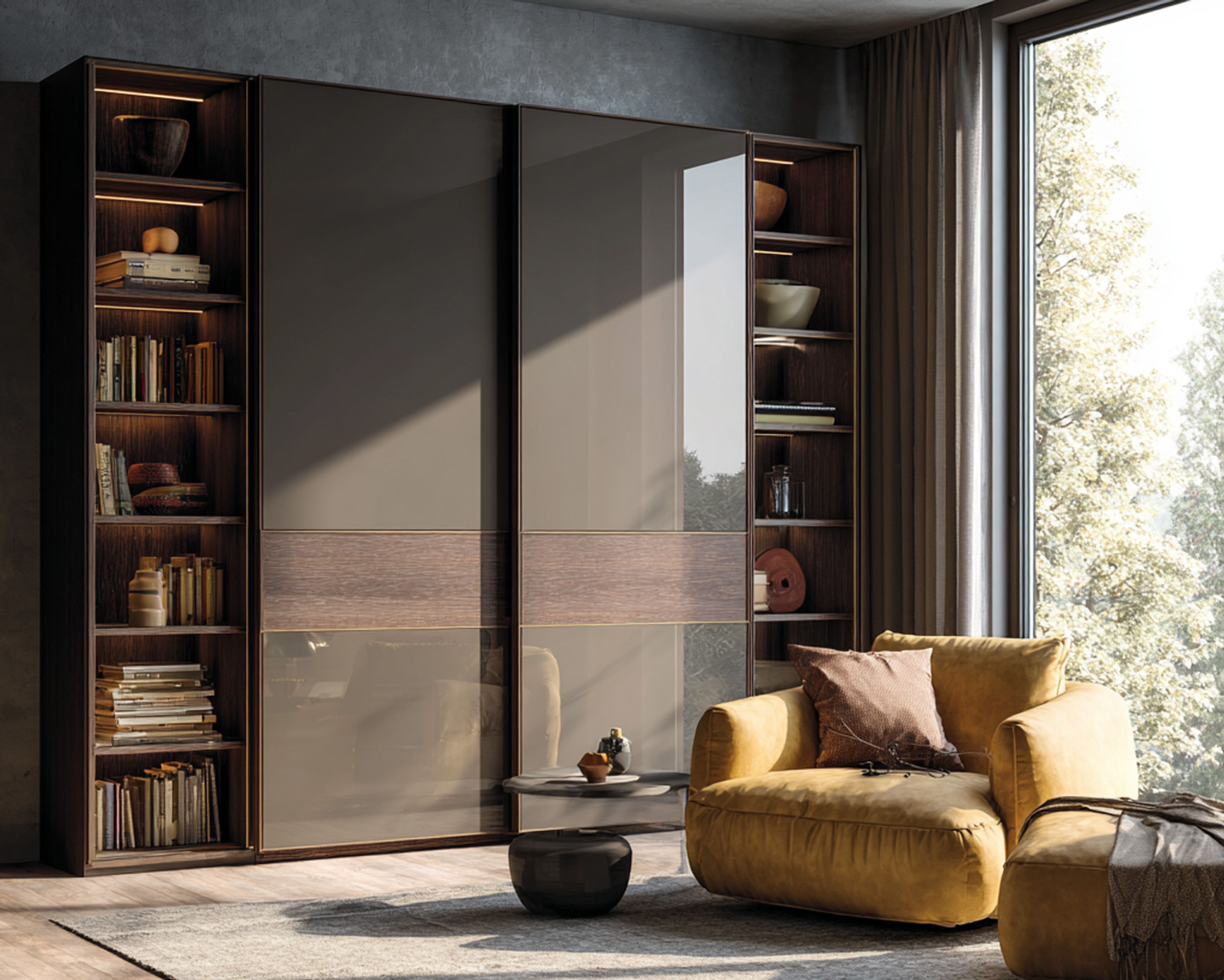 Contemporary Brown and Wood 2-Door Sliding Wardrobe Design with Glass Panels