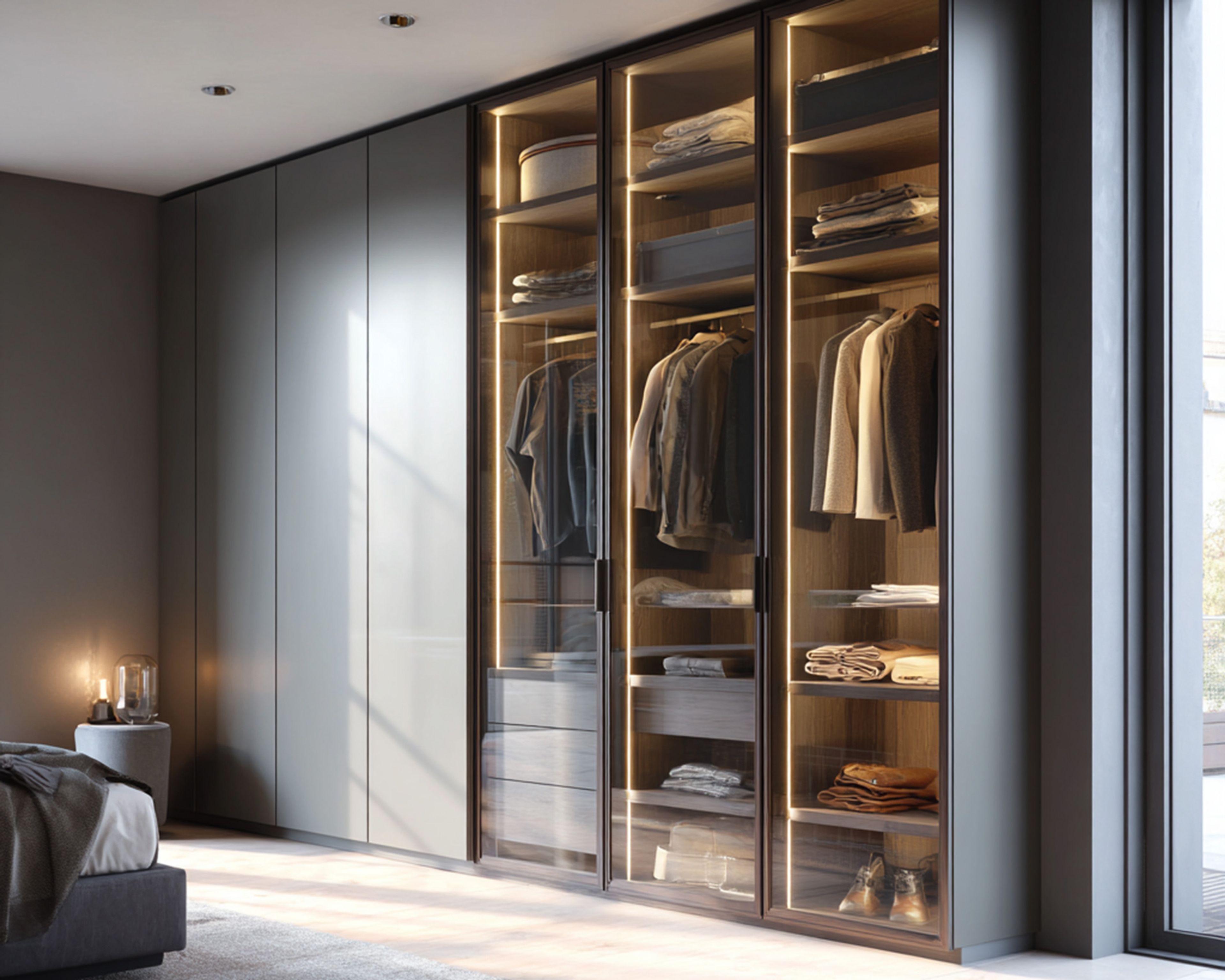 7-Door Grey and Glass Modern Swing Wardrobe Design with Integrated Lighting