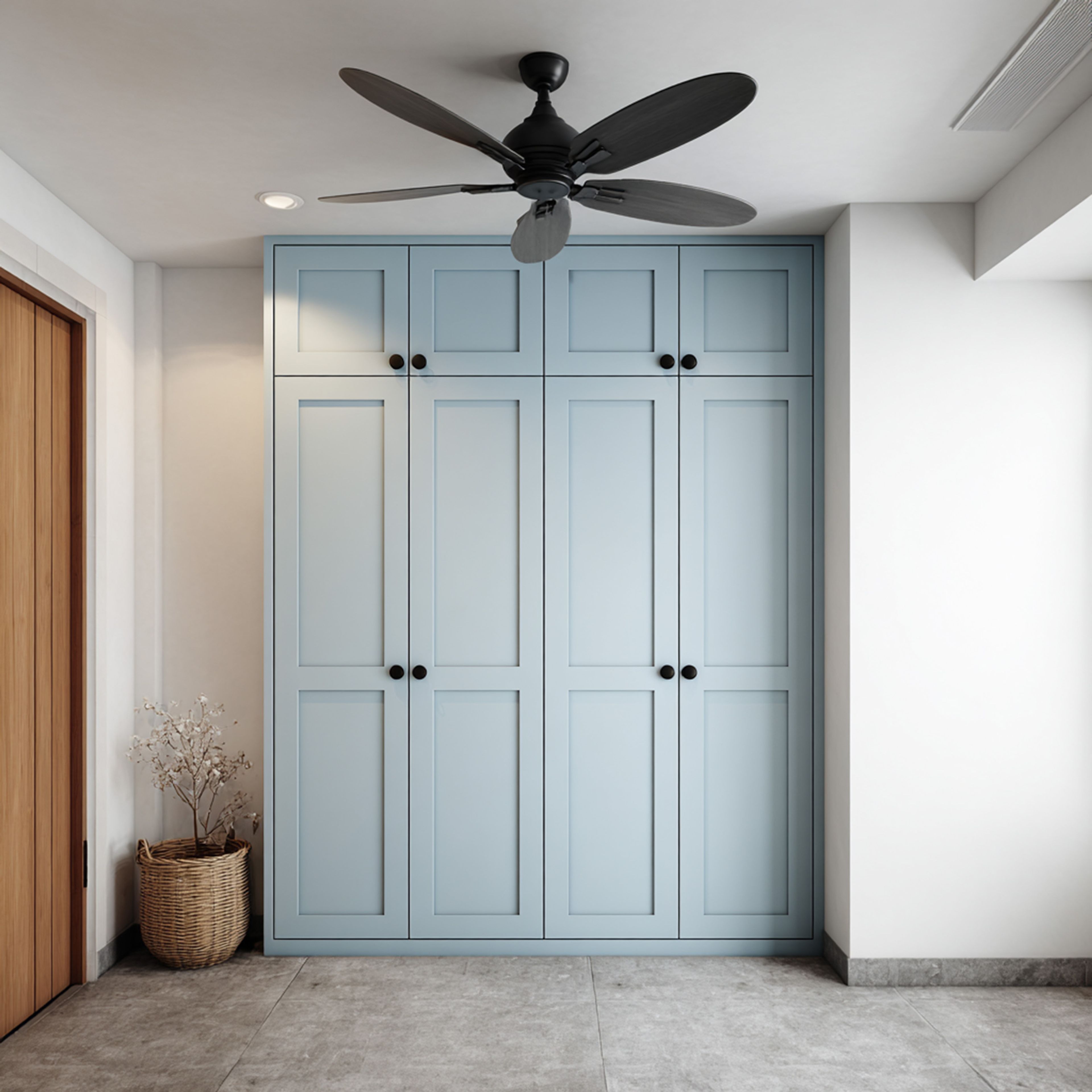 Minimal Blue 4-Door Swing Wardrobe Design with Full Height Panels