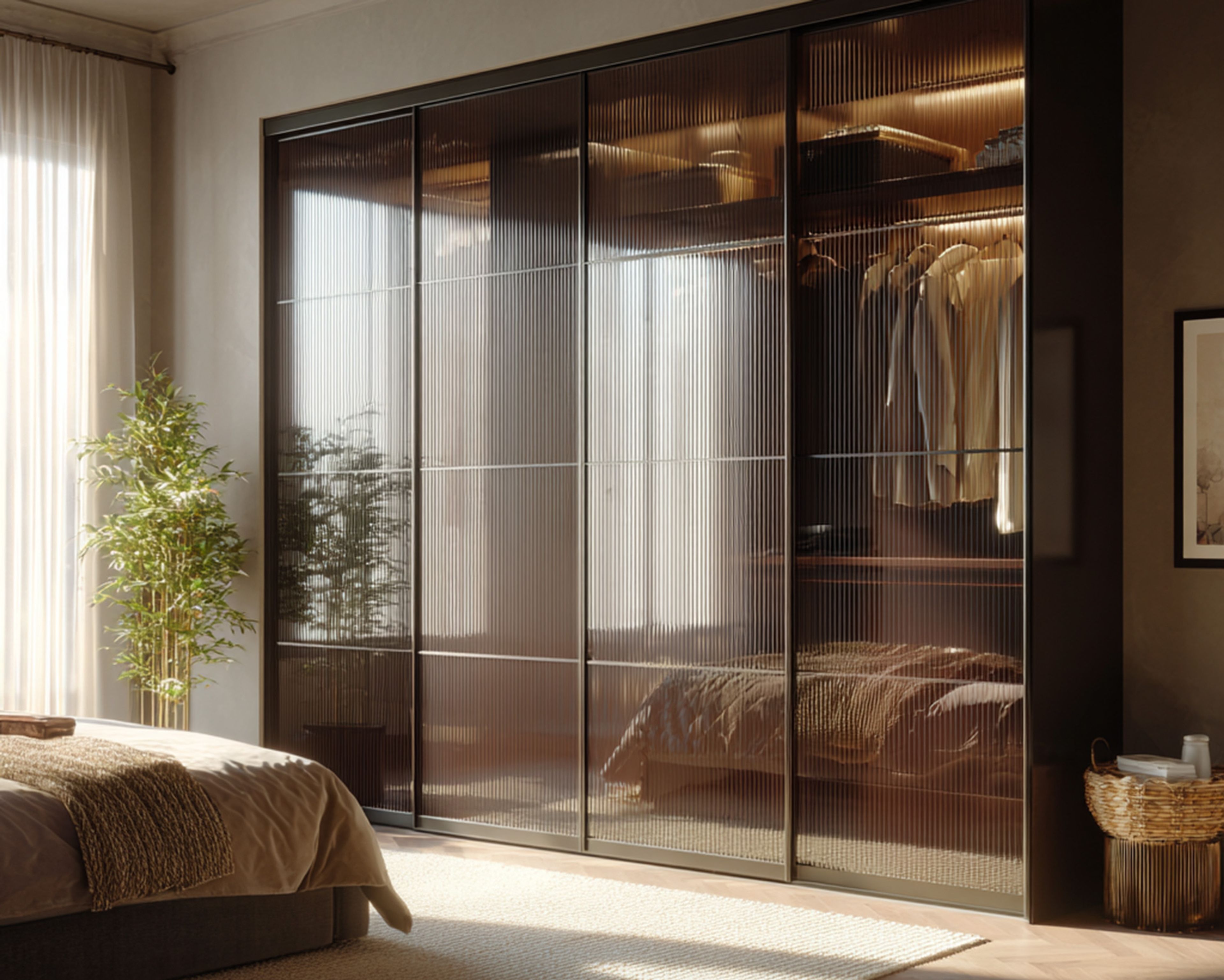 Bronze 4-Door Contemporary Sliding Wardrobe Design with Fluted Glass Shutters