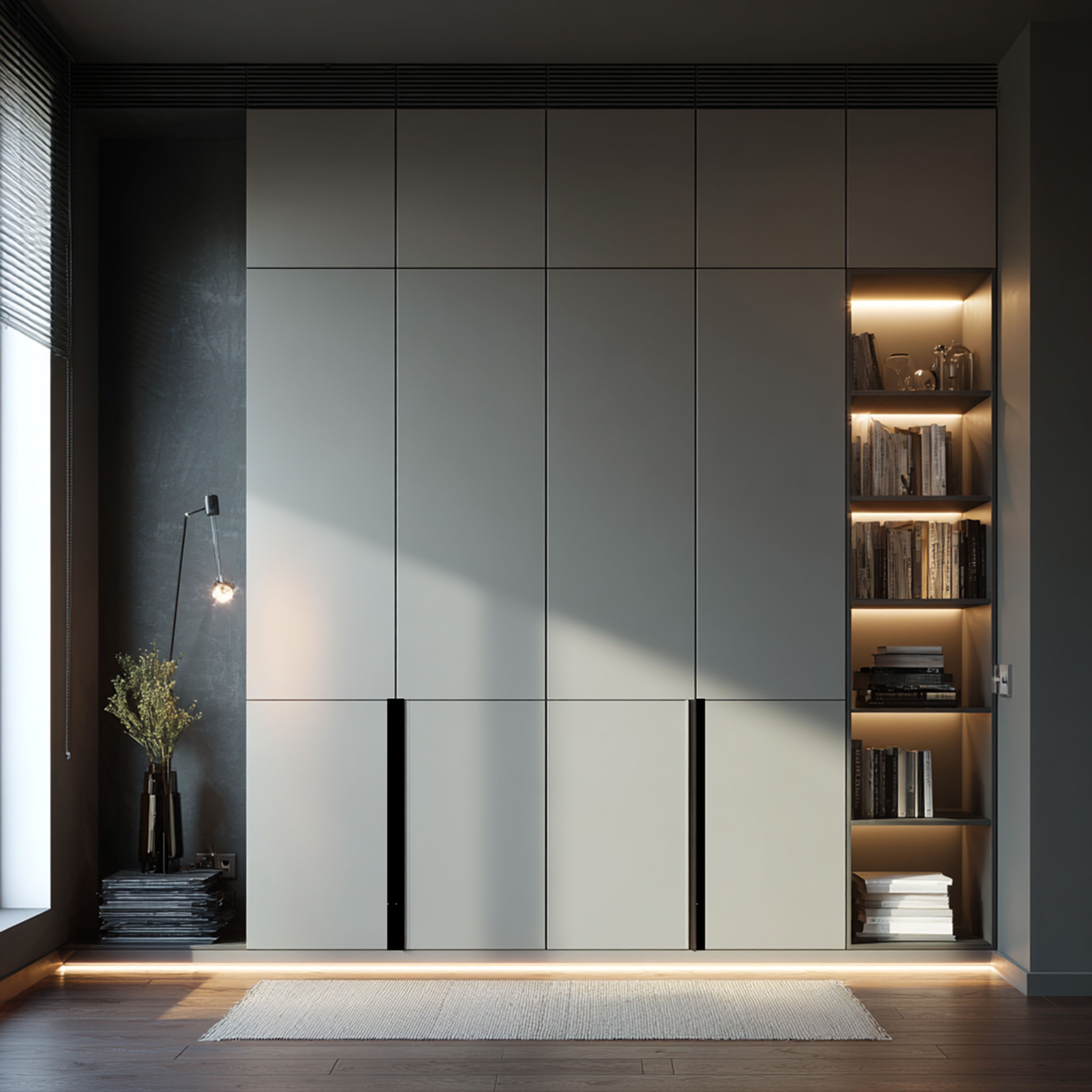 4-Door Minimal Grey Swing Wardrobe Design with Integrated Open Shelving