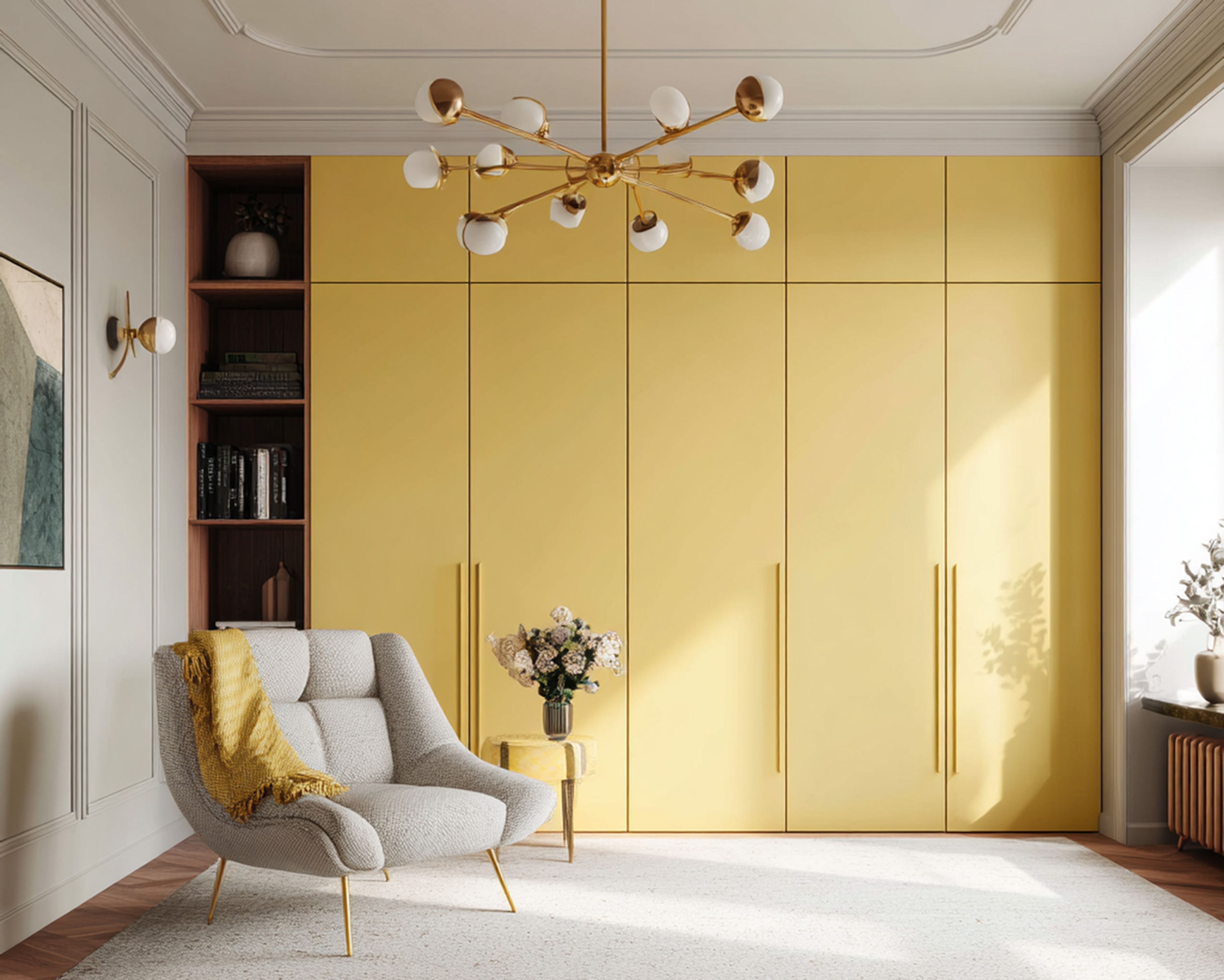 Marigold Yellow 5-Door Swing Wardrobe Design with Wooden Contrast