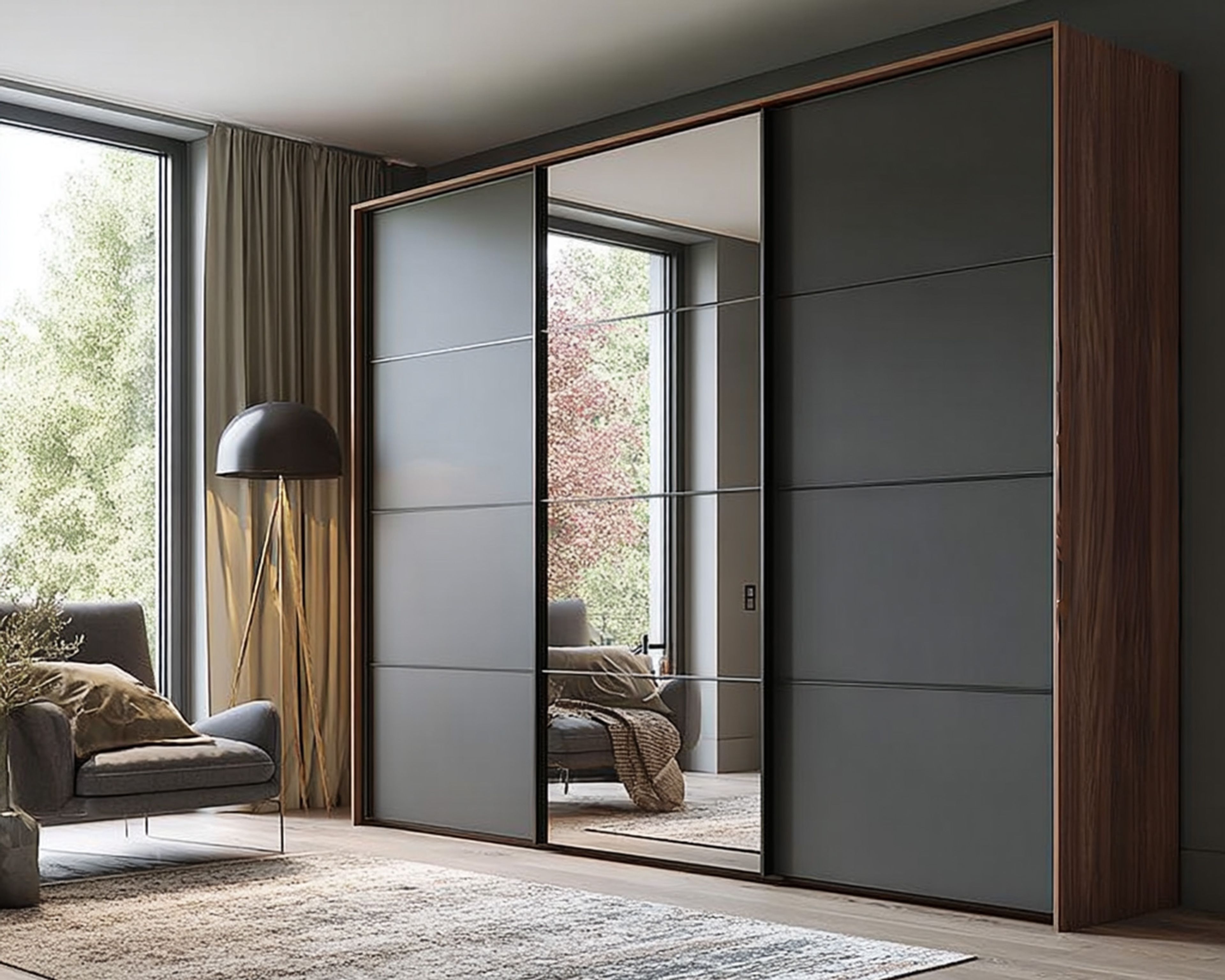 Modern 3-Door Sliding Wardrobe Design with Dark Grey Minimal Finish