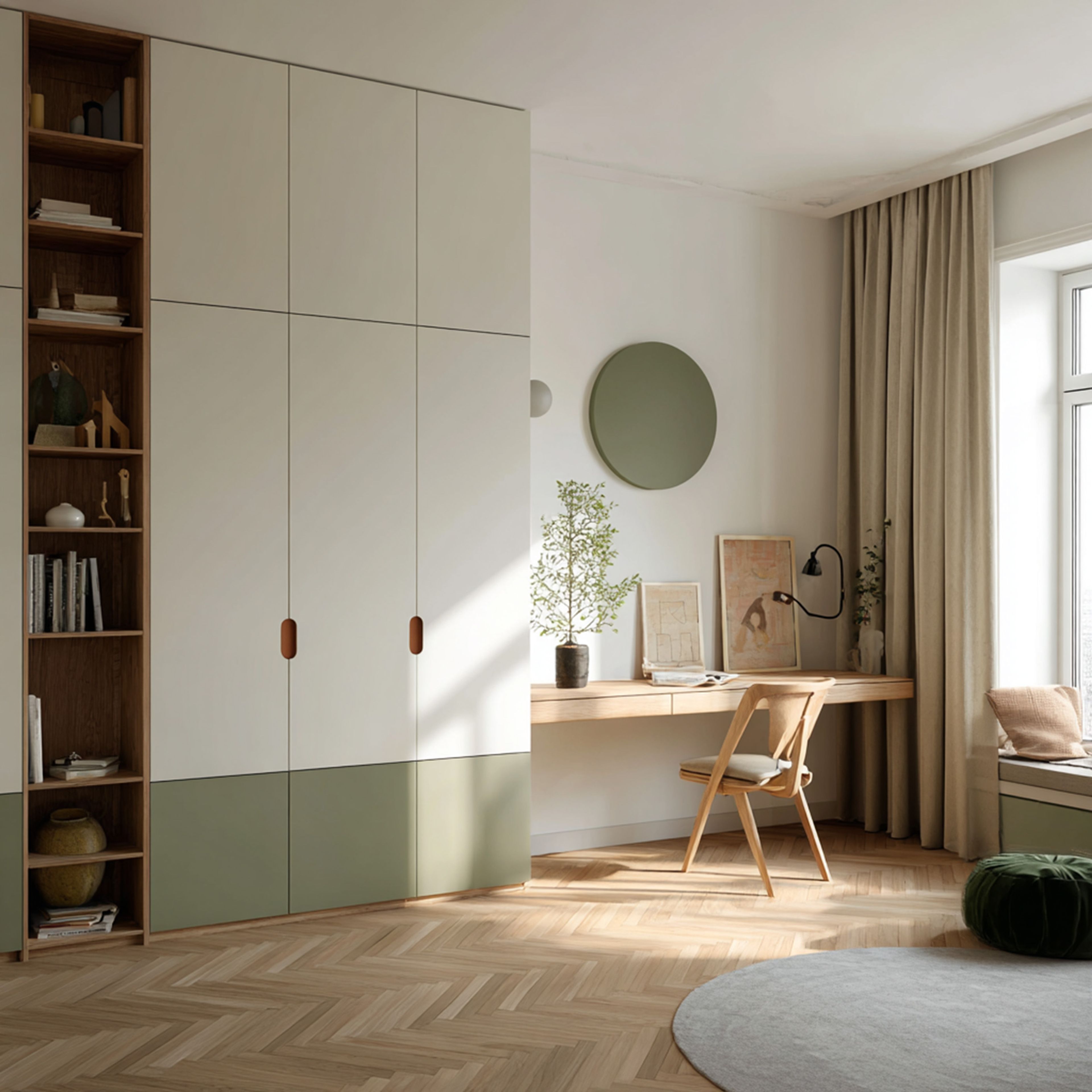3-Door Contemporary Swing Wardrobe Design with Green and Cream Finish