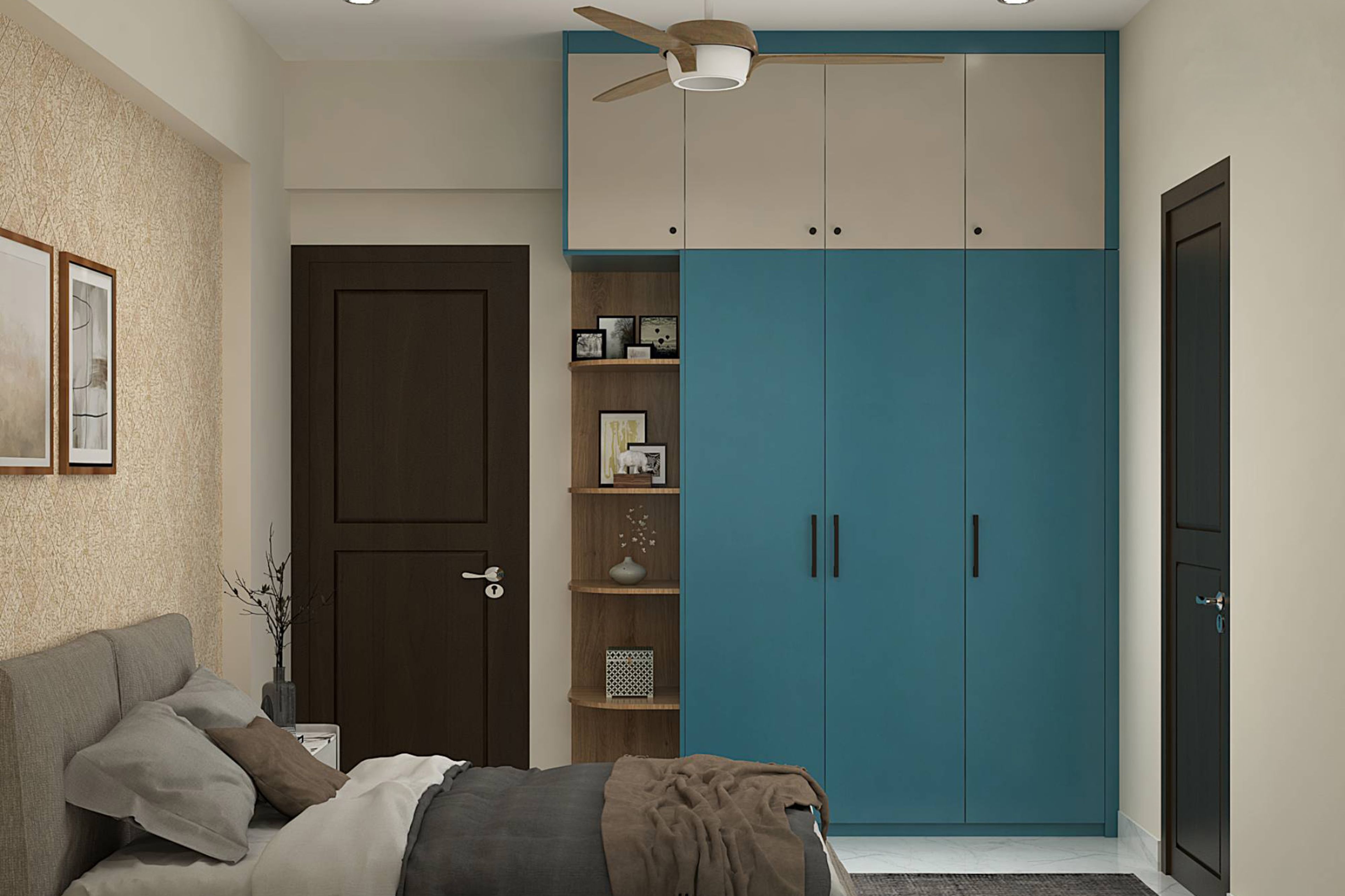 Contemporary 3-Door Blue and Beige Swing Wardrobe Design
