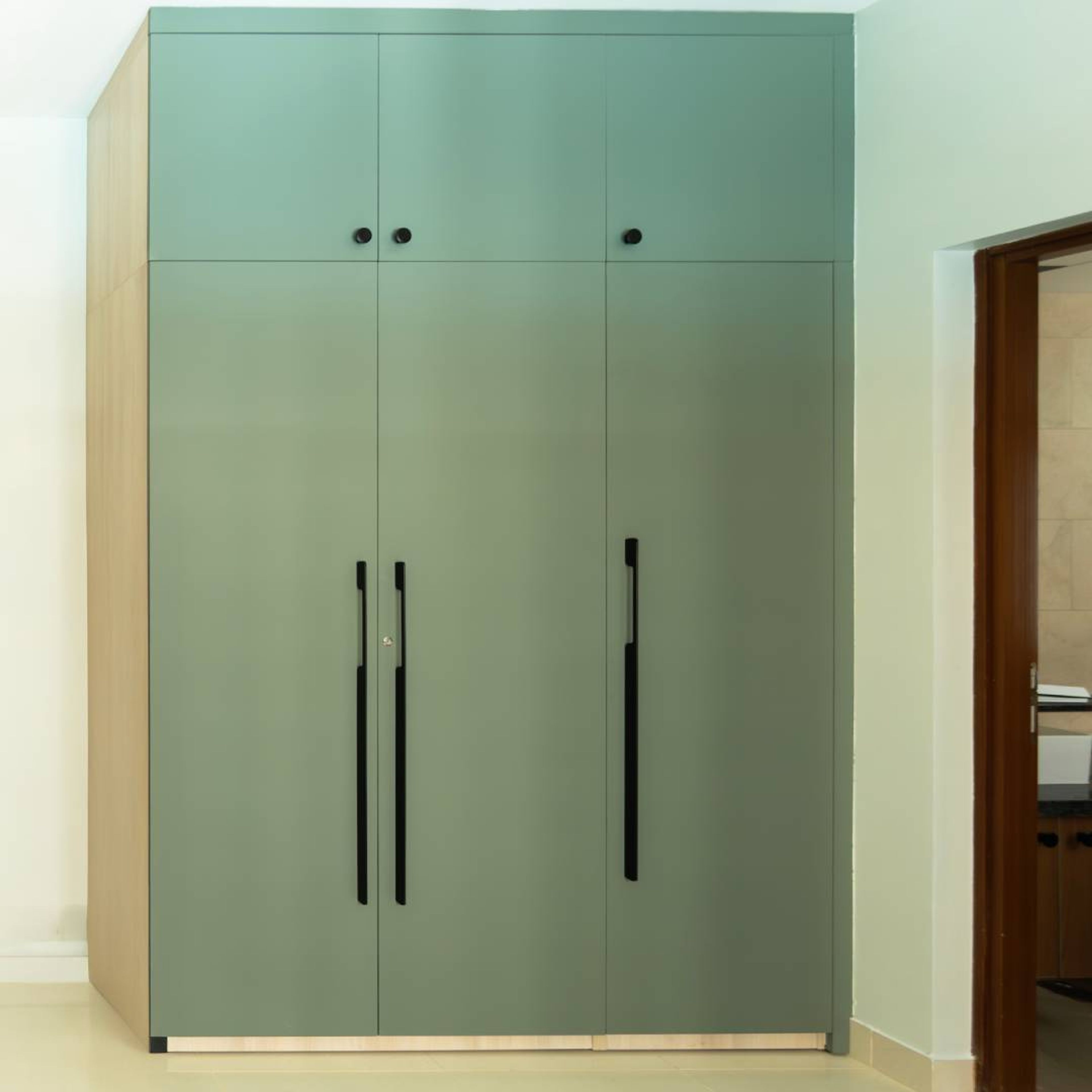 Contemporary 3-Door Swing Wardrobe Design in Green Matte Finish and Black handles