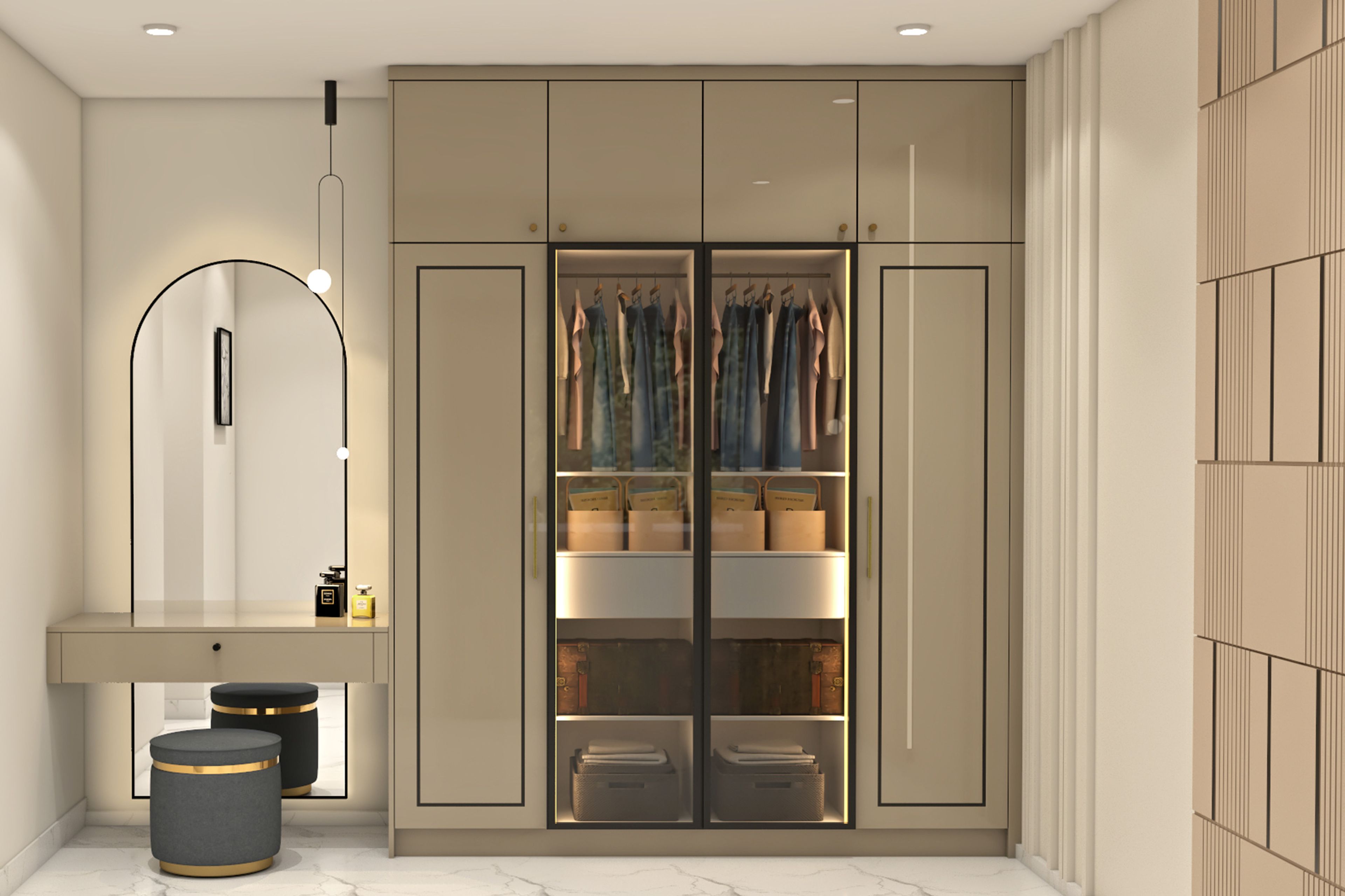 Modern Beige 4-Door PU Finish Swing Wardrobe Design with Glass Front Display