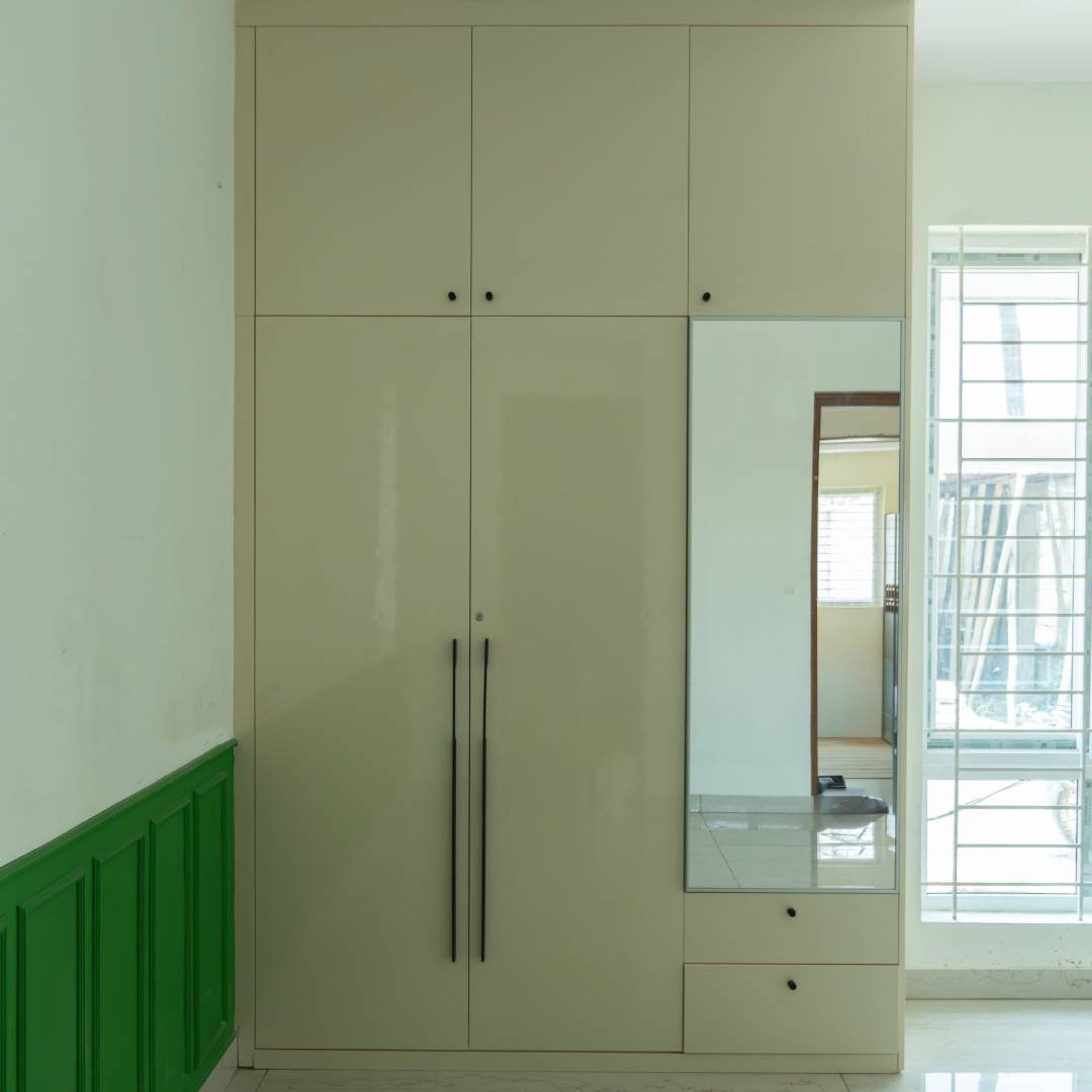 Contemporary Beige Swing Wardrobe Design with Glossy Finish and Mirror