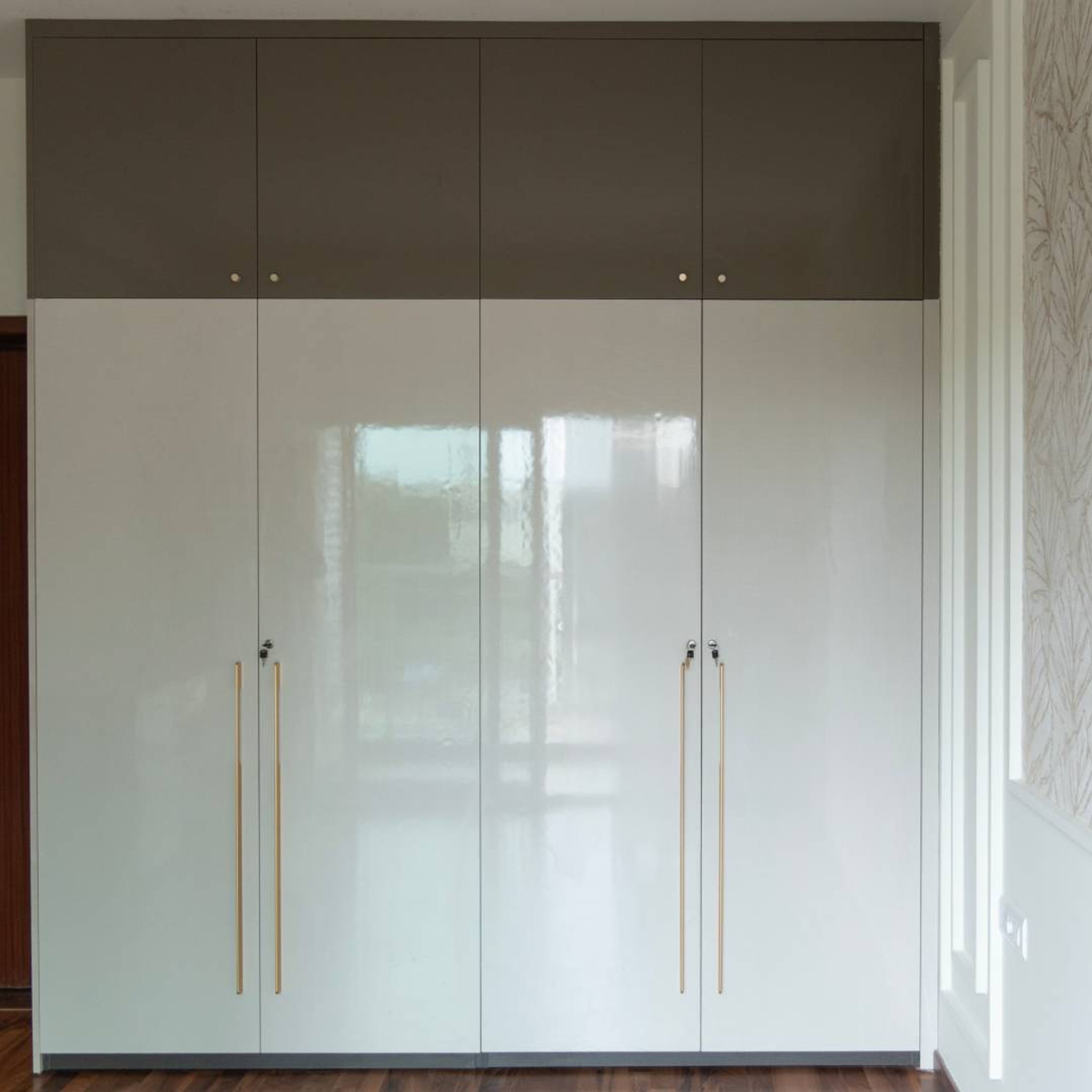 4-Door Modern White and Grey Swing Wardrobe Design in High Gloss Finish