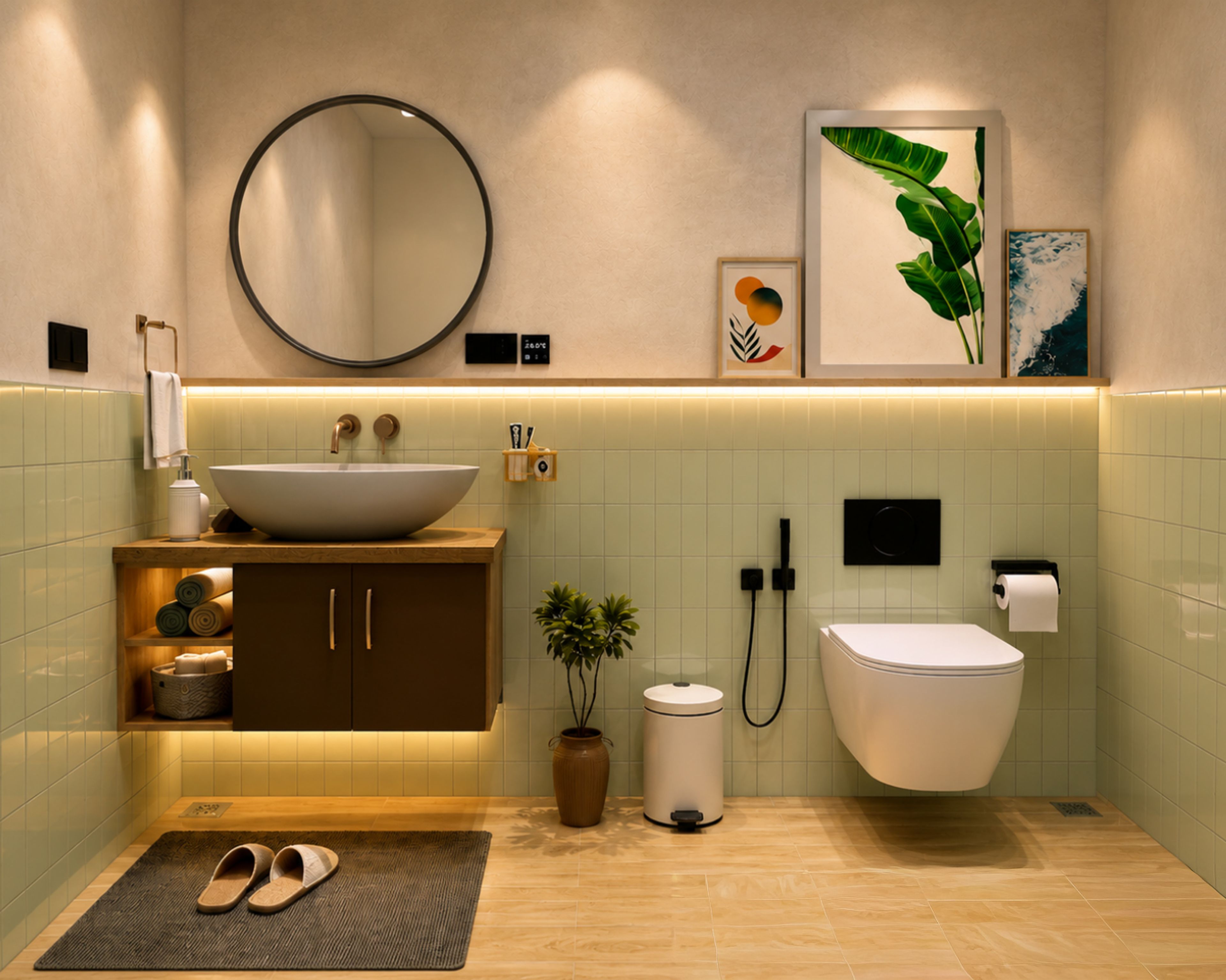 Contemporary Tan and Green Bathroom Design with Backlit Ledge