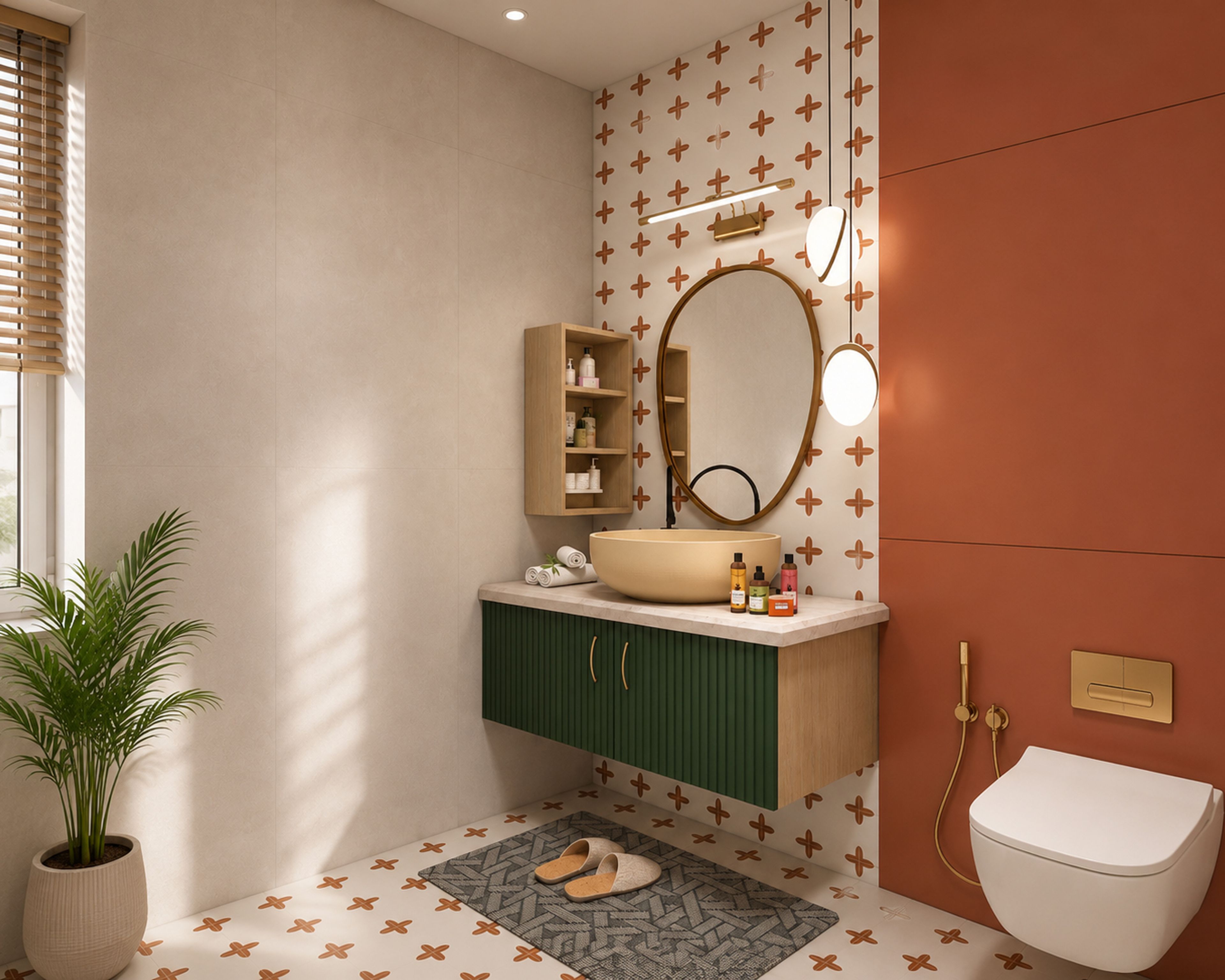 Eclectic Green and Terracotta Bathroom Design with Fluted Vanity