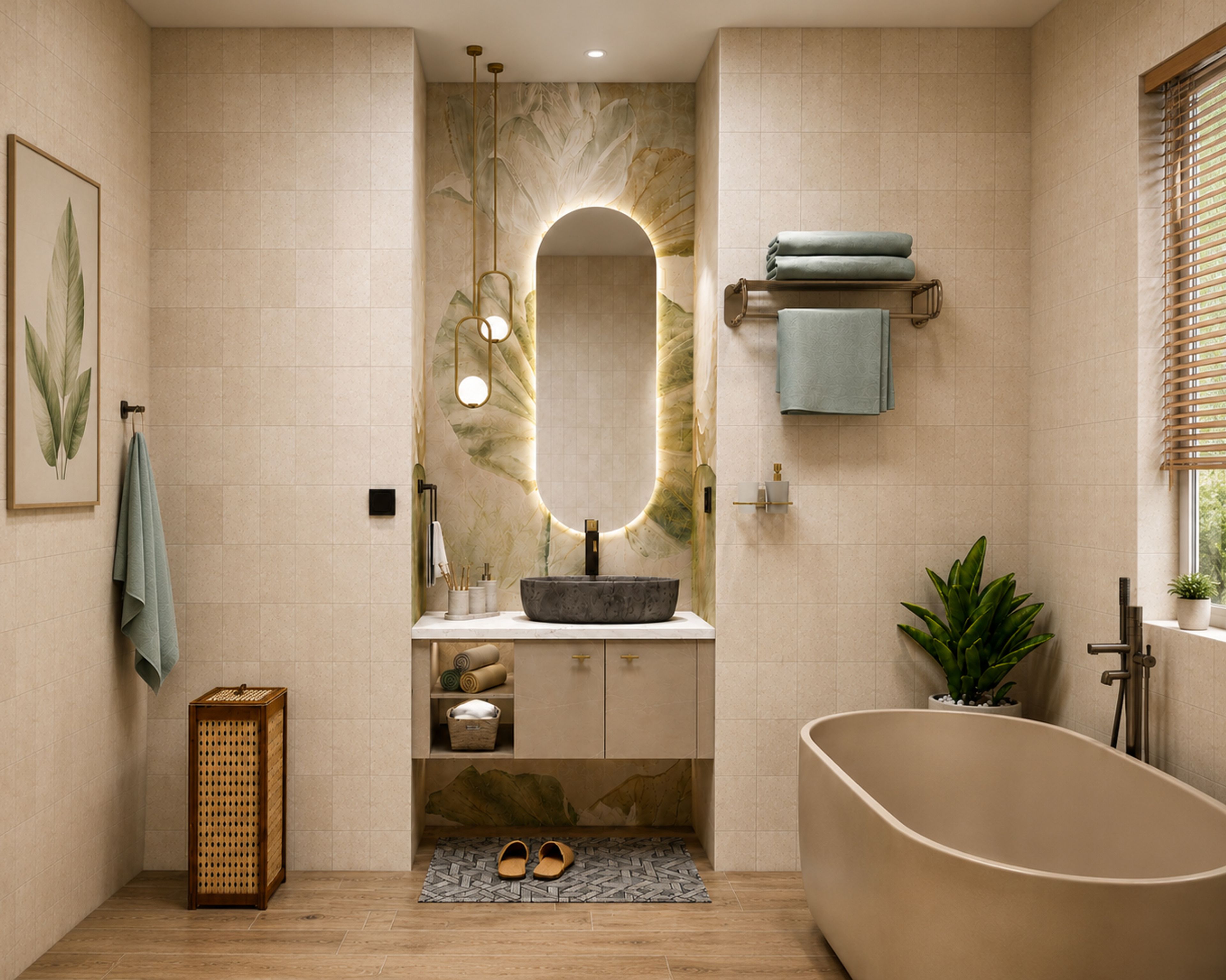 Contemporary Sagrada Marble Bathroom Design with Standalone Bathtub
