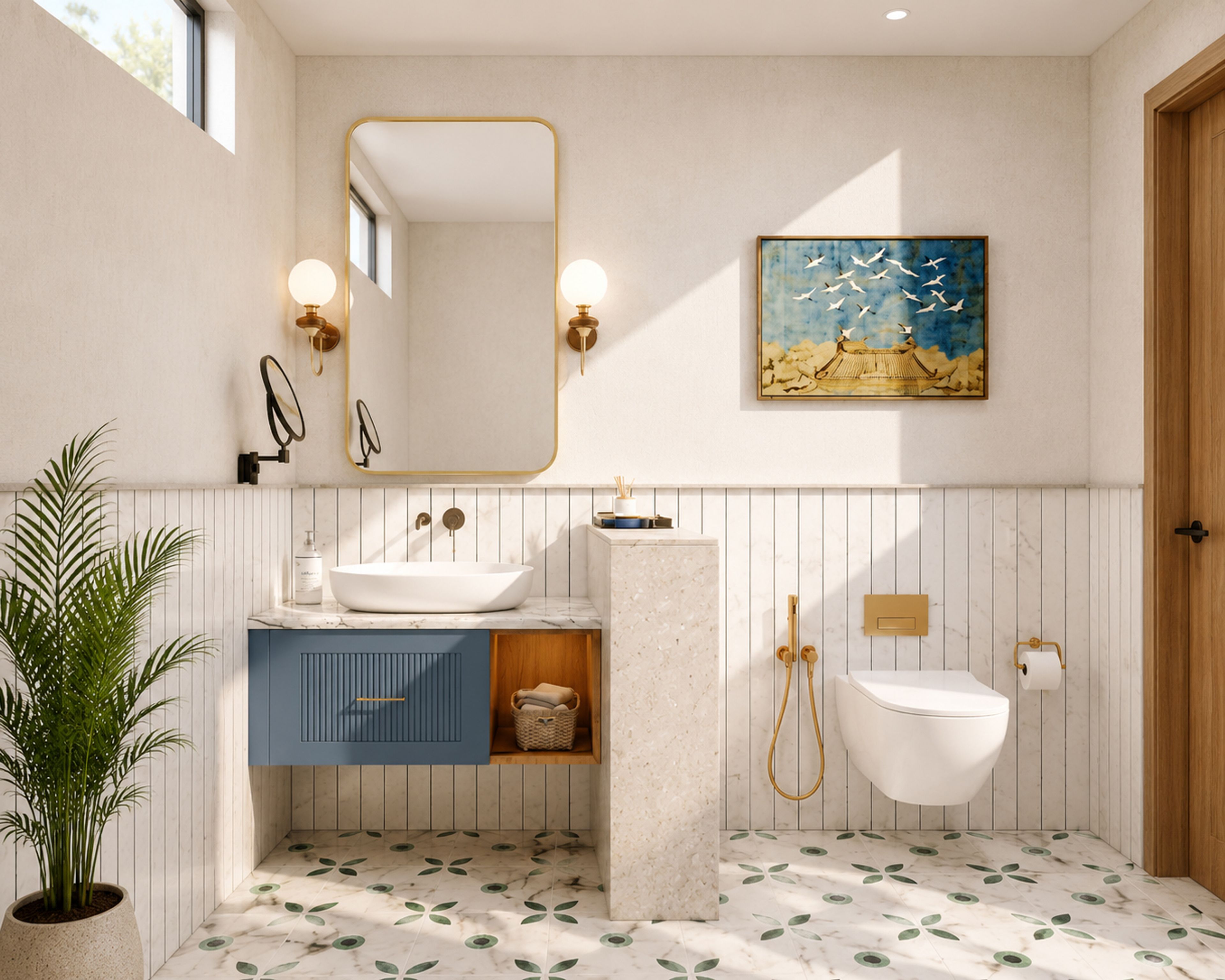 Transitional Blue Bathroom Design with Patterned Floor Tiles