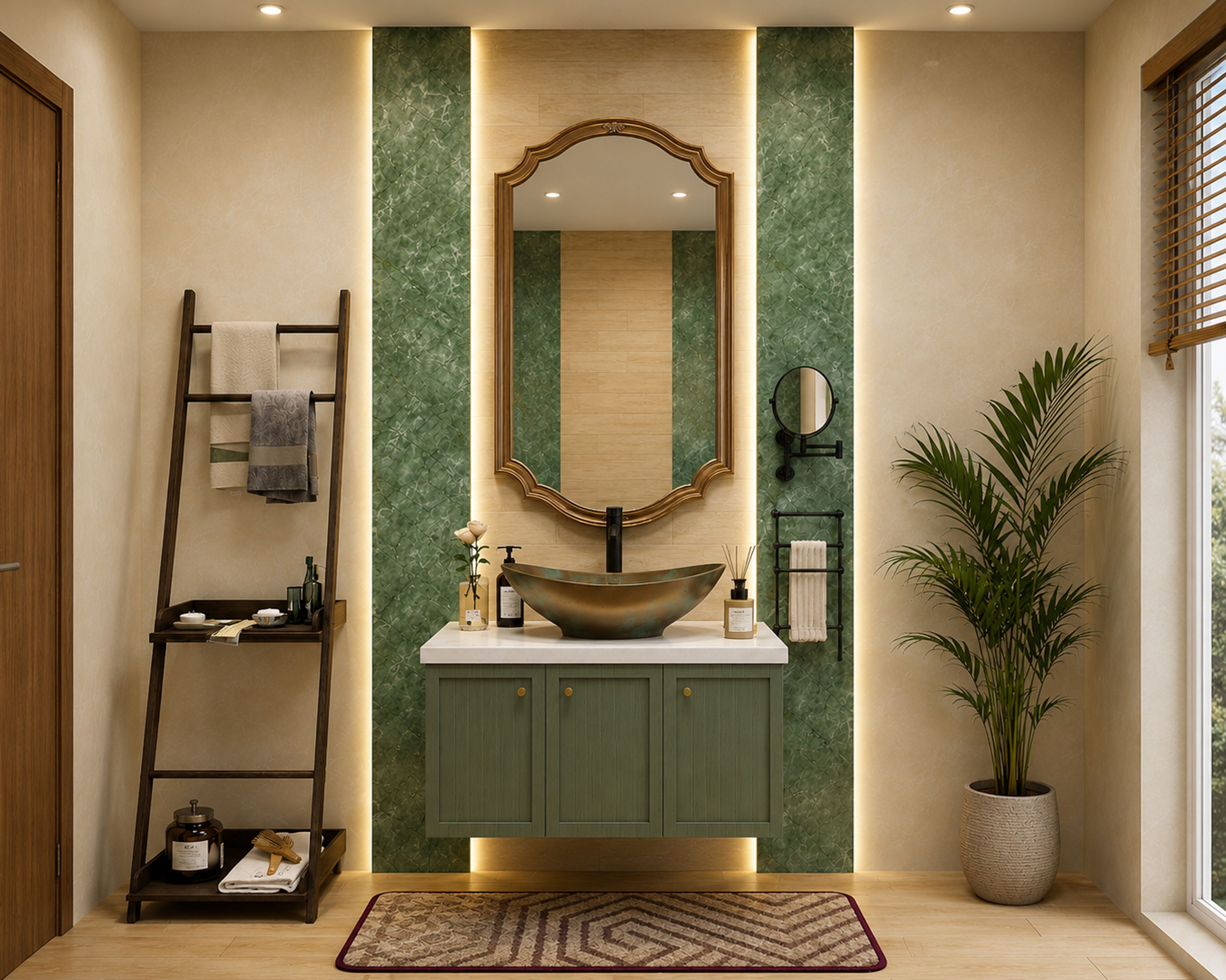 Classic Green Bathroom Design with Ladder Shelf and Green Accent Panels