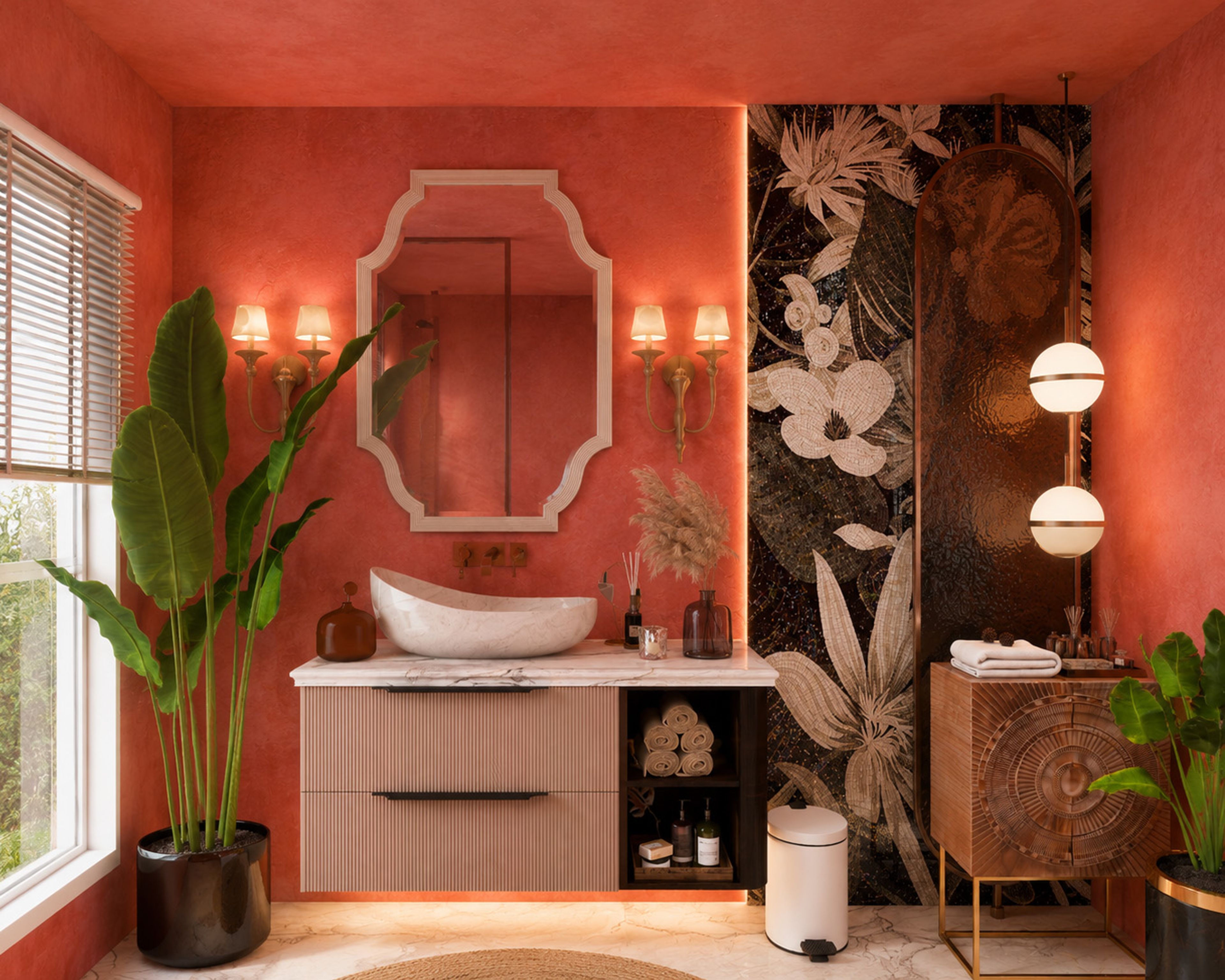 Contemporary Red Bathroom Design with Botanical Mosaic and Vintage Mirror