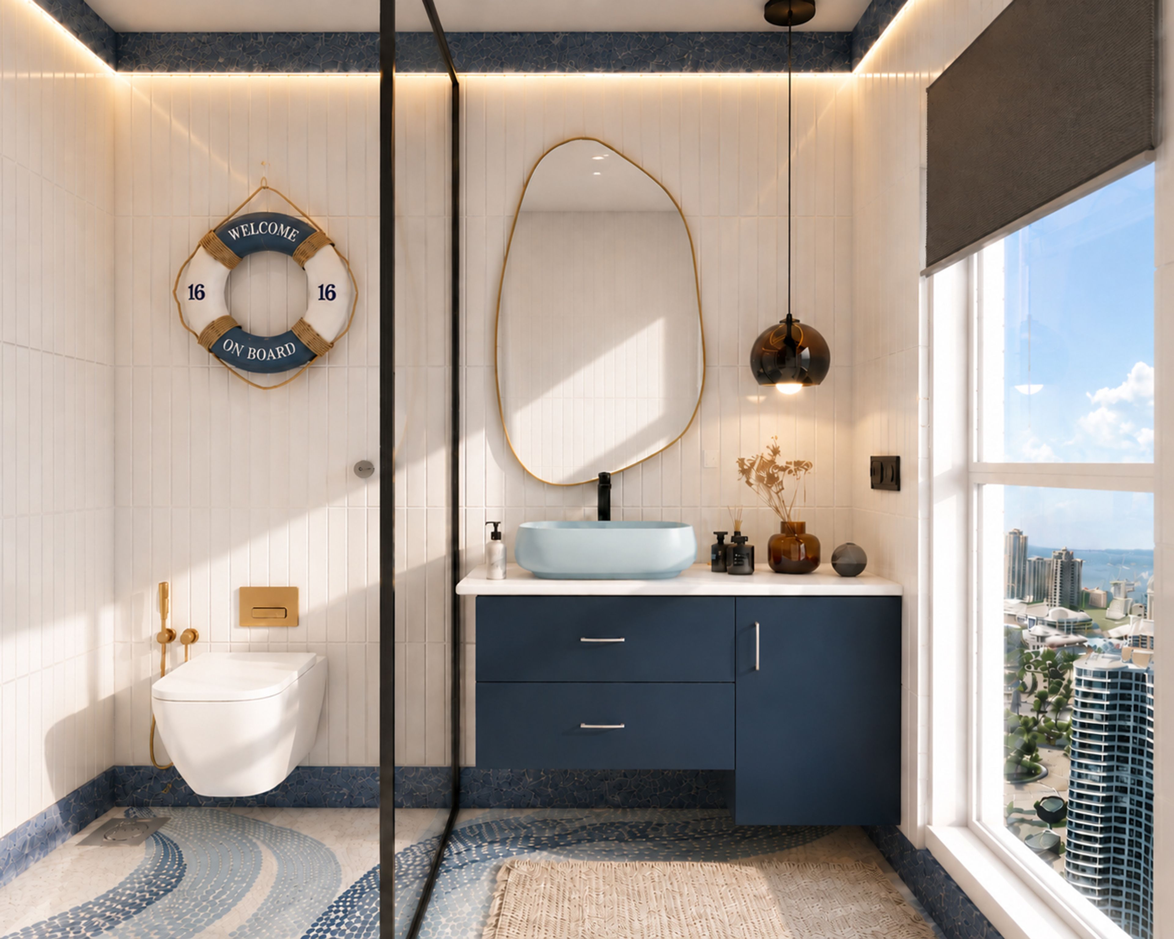 Contemporary Blue Bathroom Design with Wave Mosaic Floor and Pebble Mirror