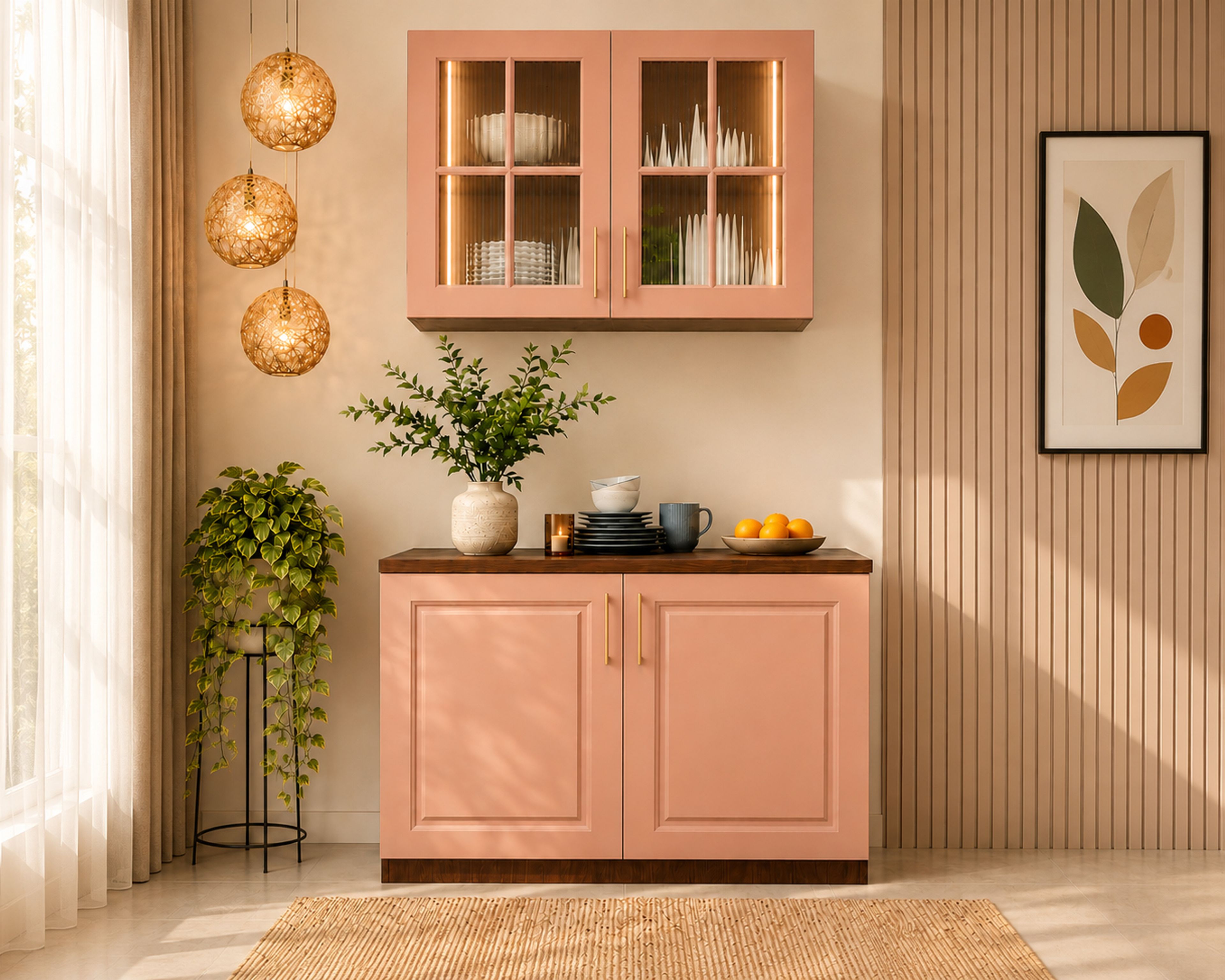 Crockery Unit Design with Pink Shutters and Wood Counter