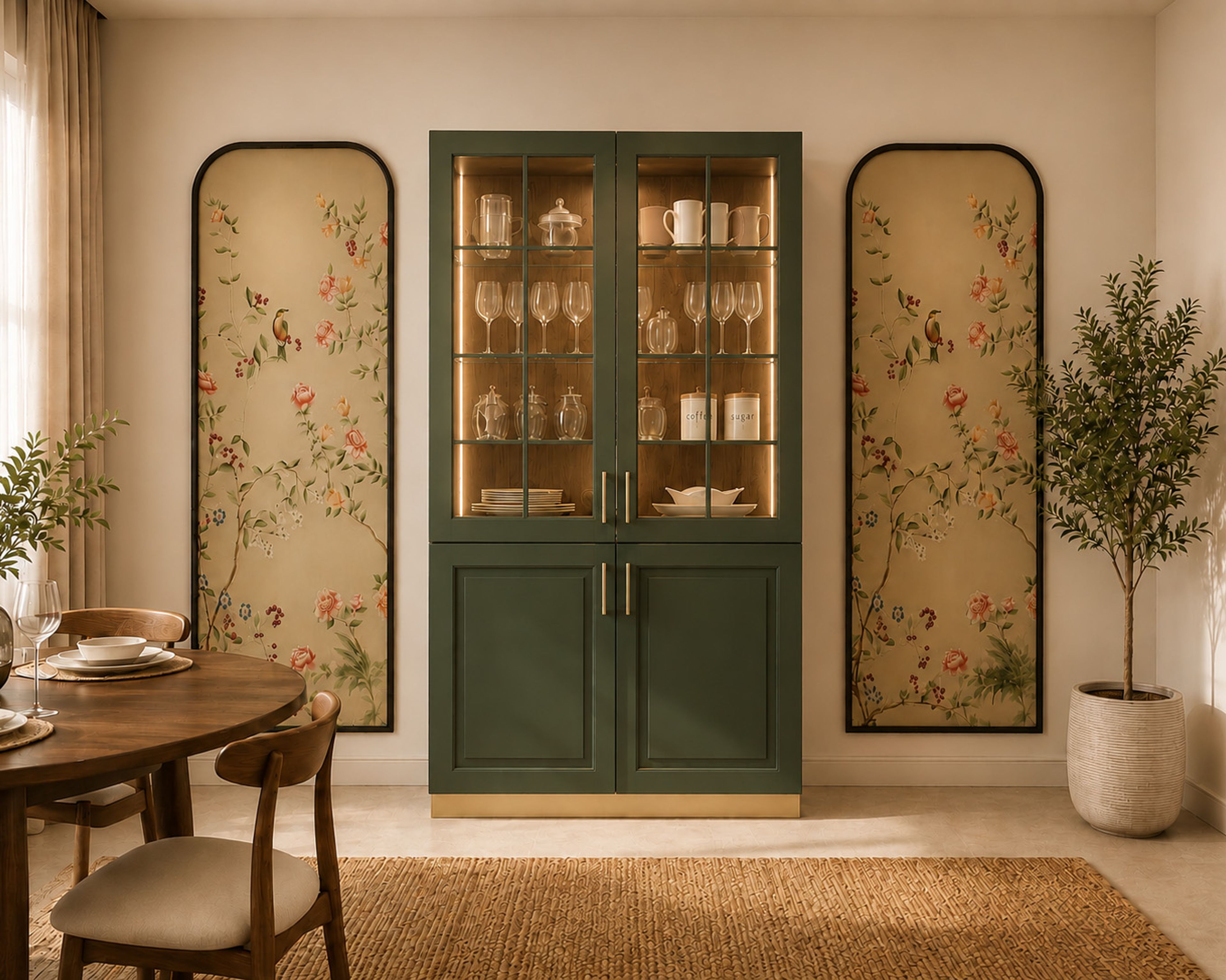 Crockery Unit Design with Green Glass Display Doors