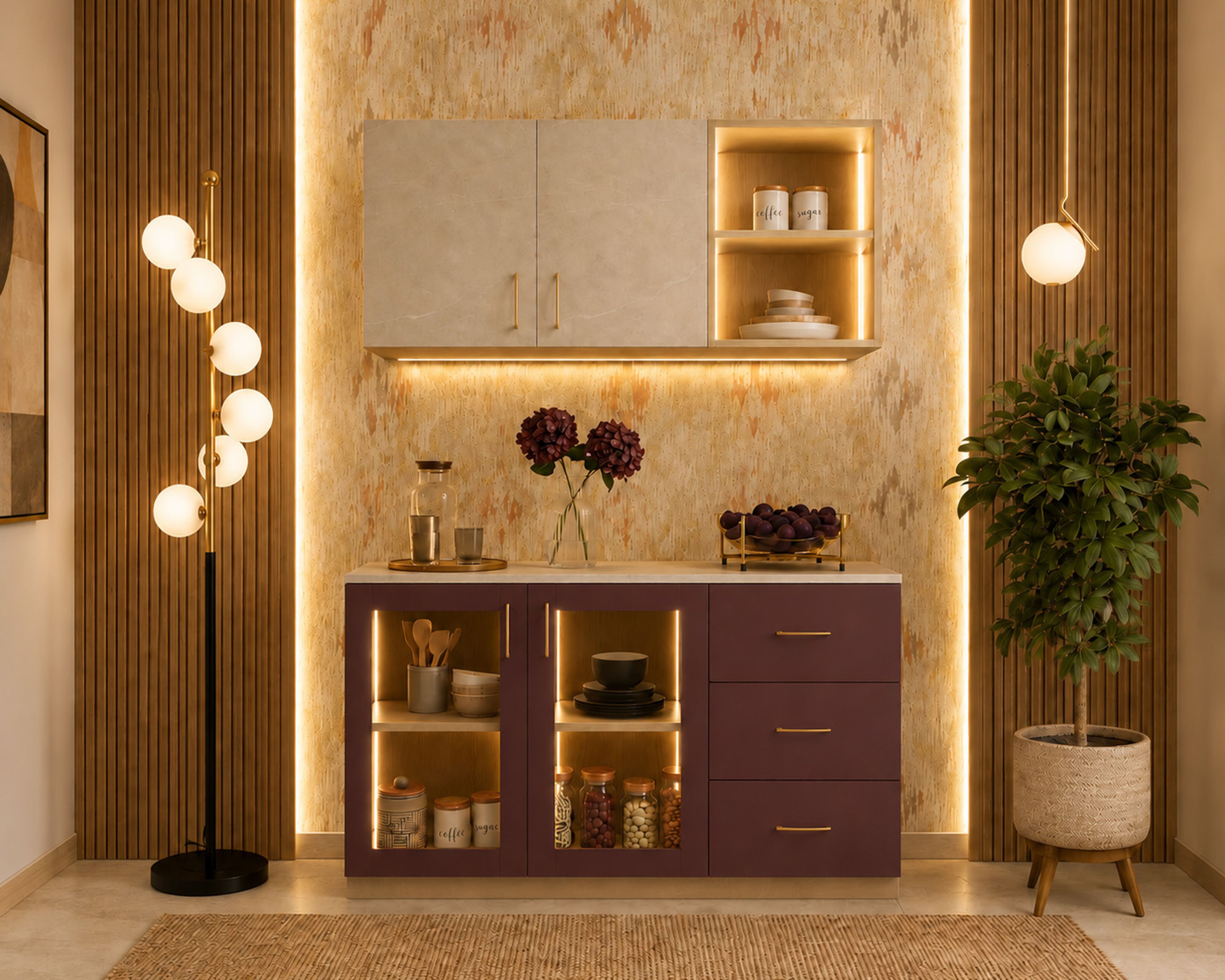 Crockery Unit Design with Enigma Drawers and Marble Accent