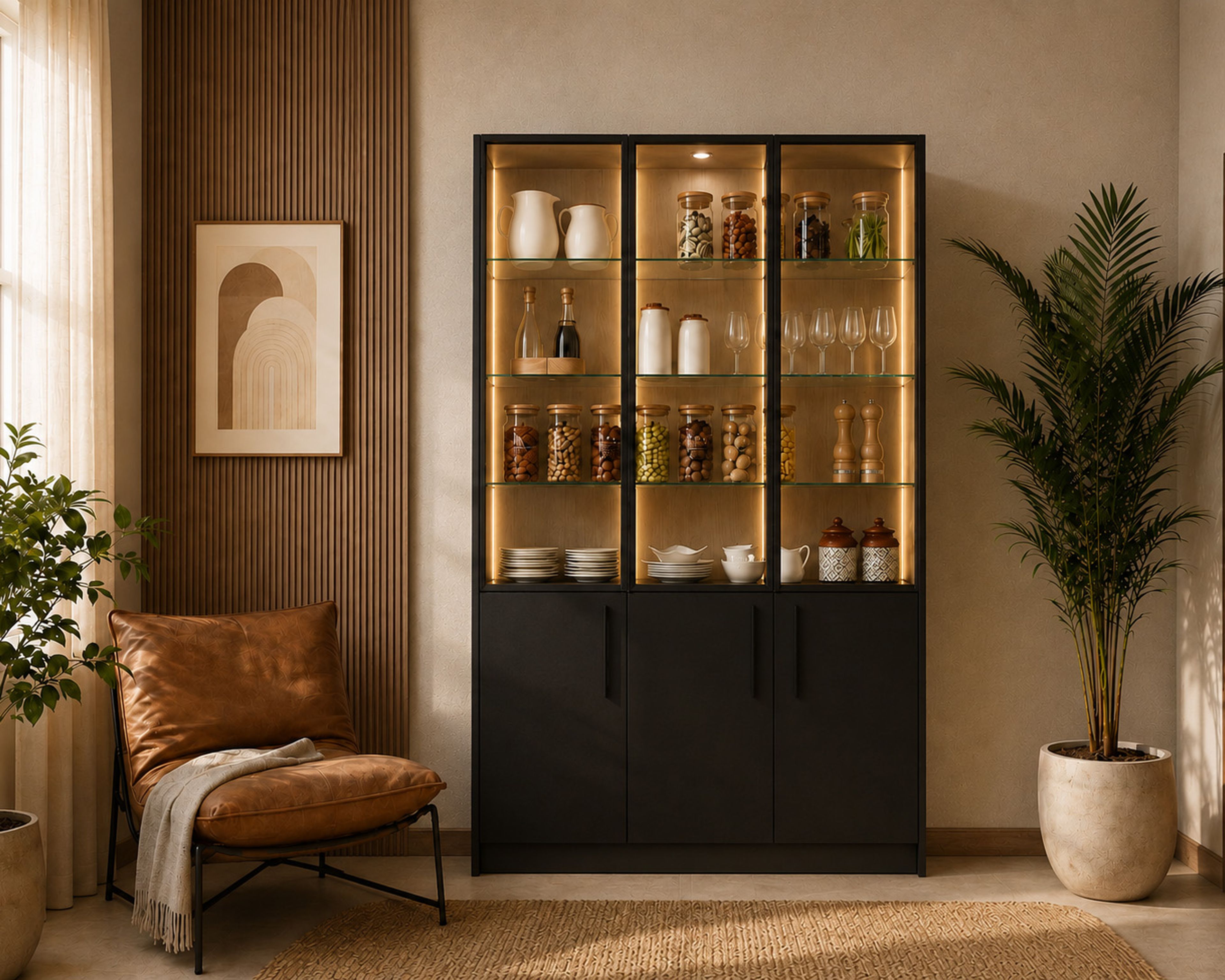 Crockery Unit Design with Grey Frame and Glass Shelves