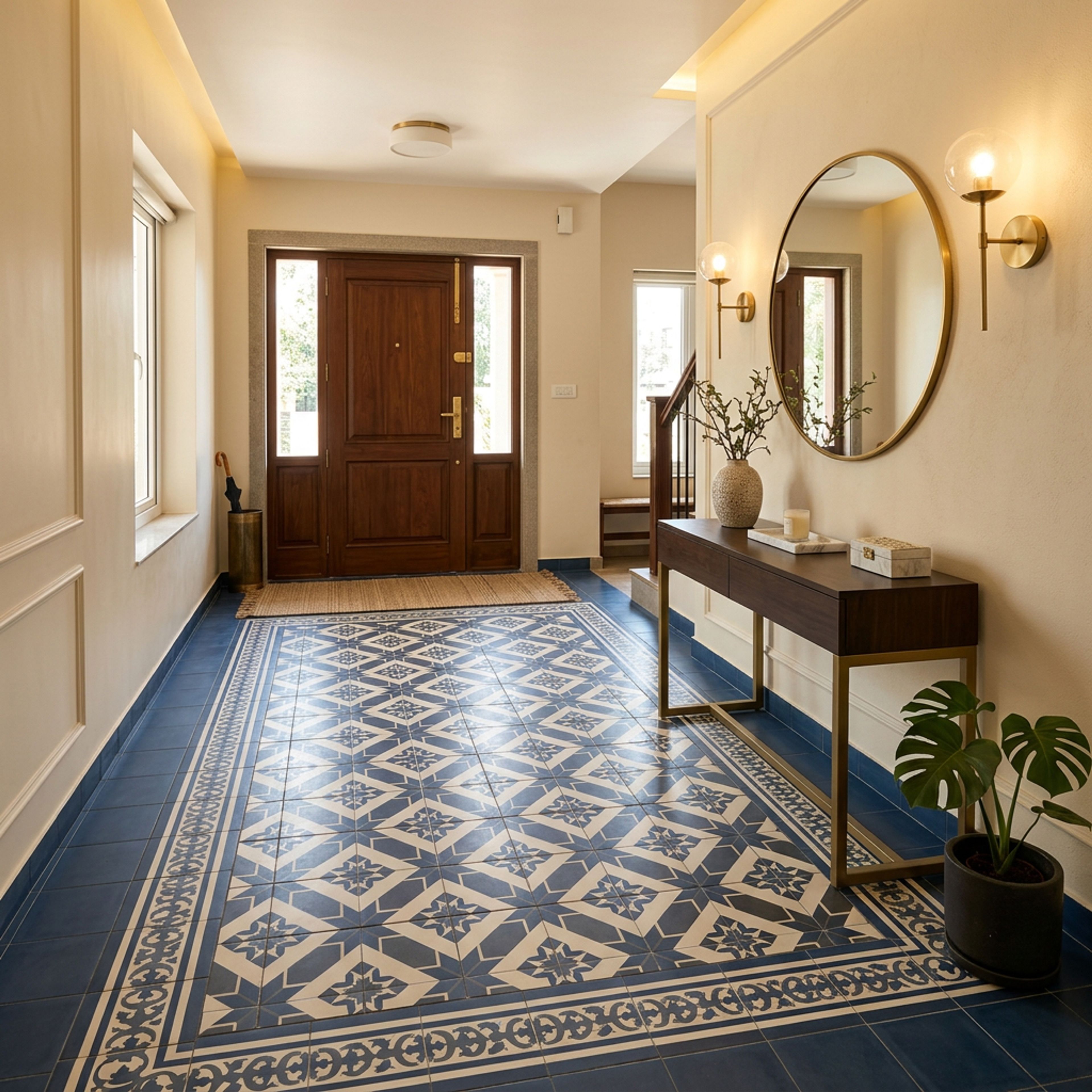 Classic Foyer Flooring Design with Blue Tiles and Floral Motifs