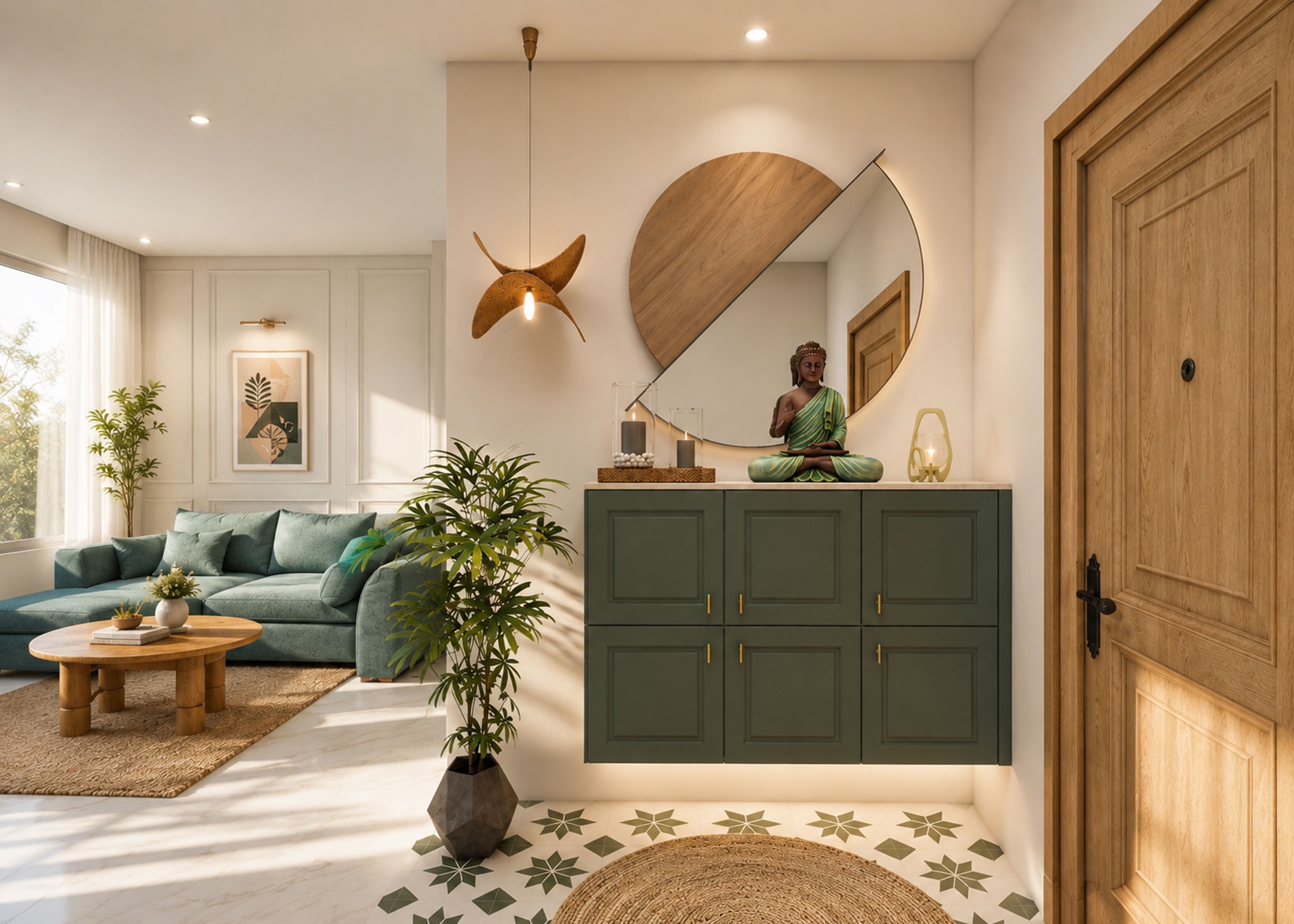 Transitional Green Foyer Design with Backlit Mirror and Buddha Statue