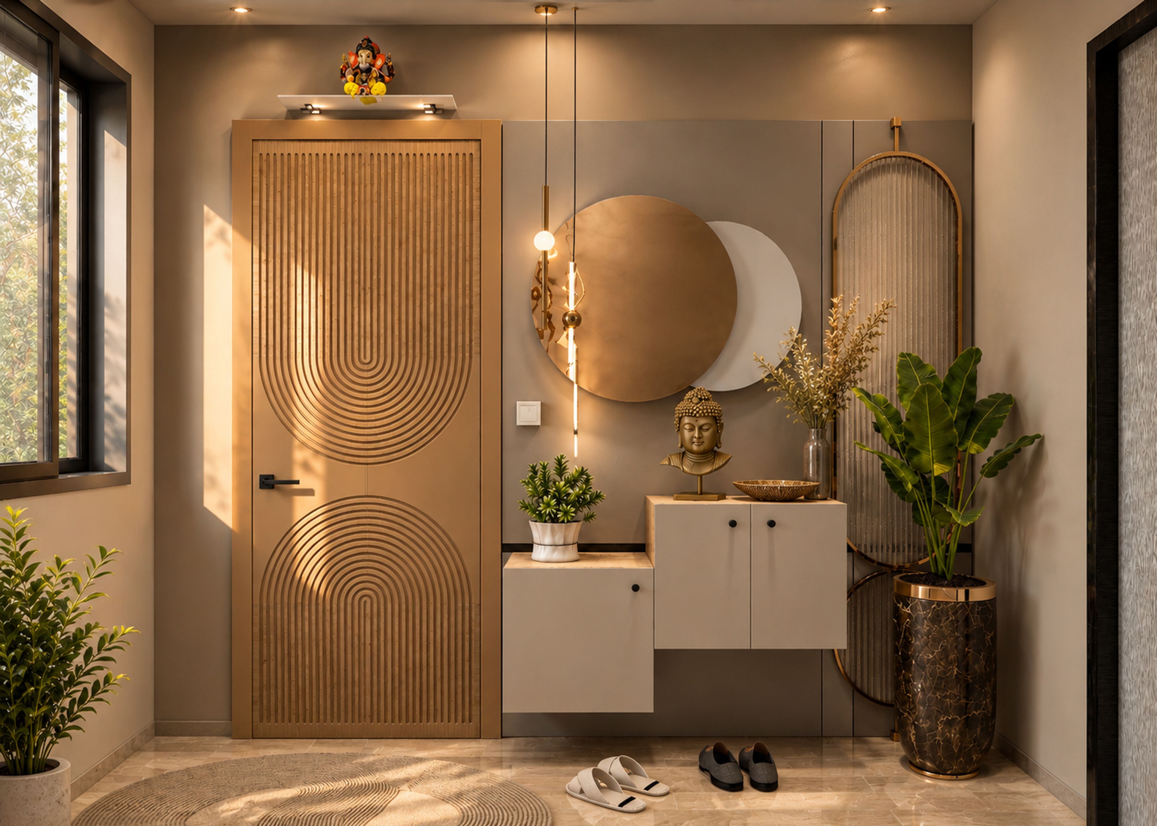 Contemporary Grey Foyer Design with Stepped Console and Overlapping Panels
