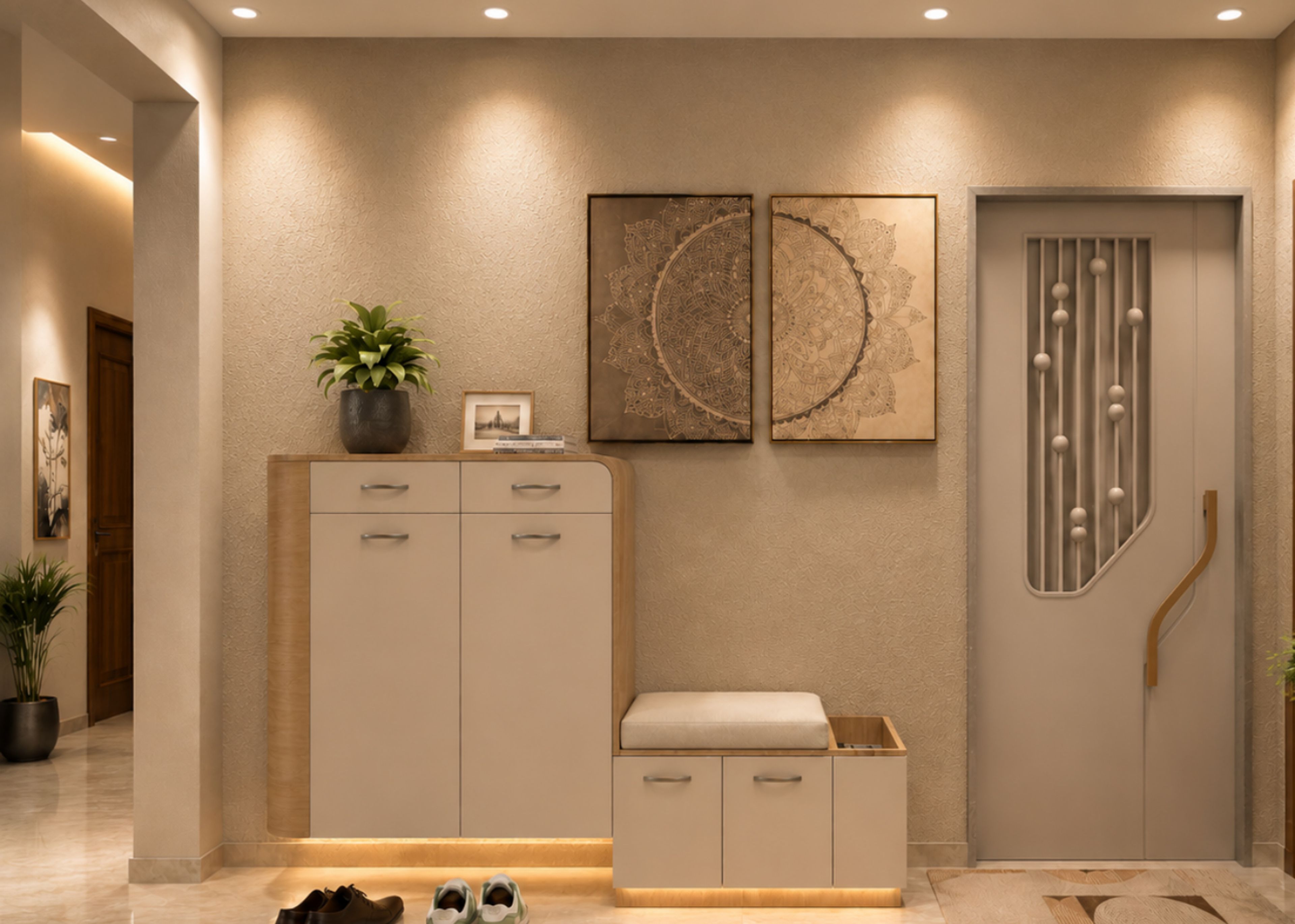 Modern Sand and Oak Foyer Design with Padded Shoe Bench and Mandala Wall Art