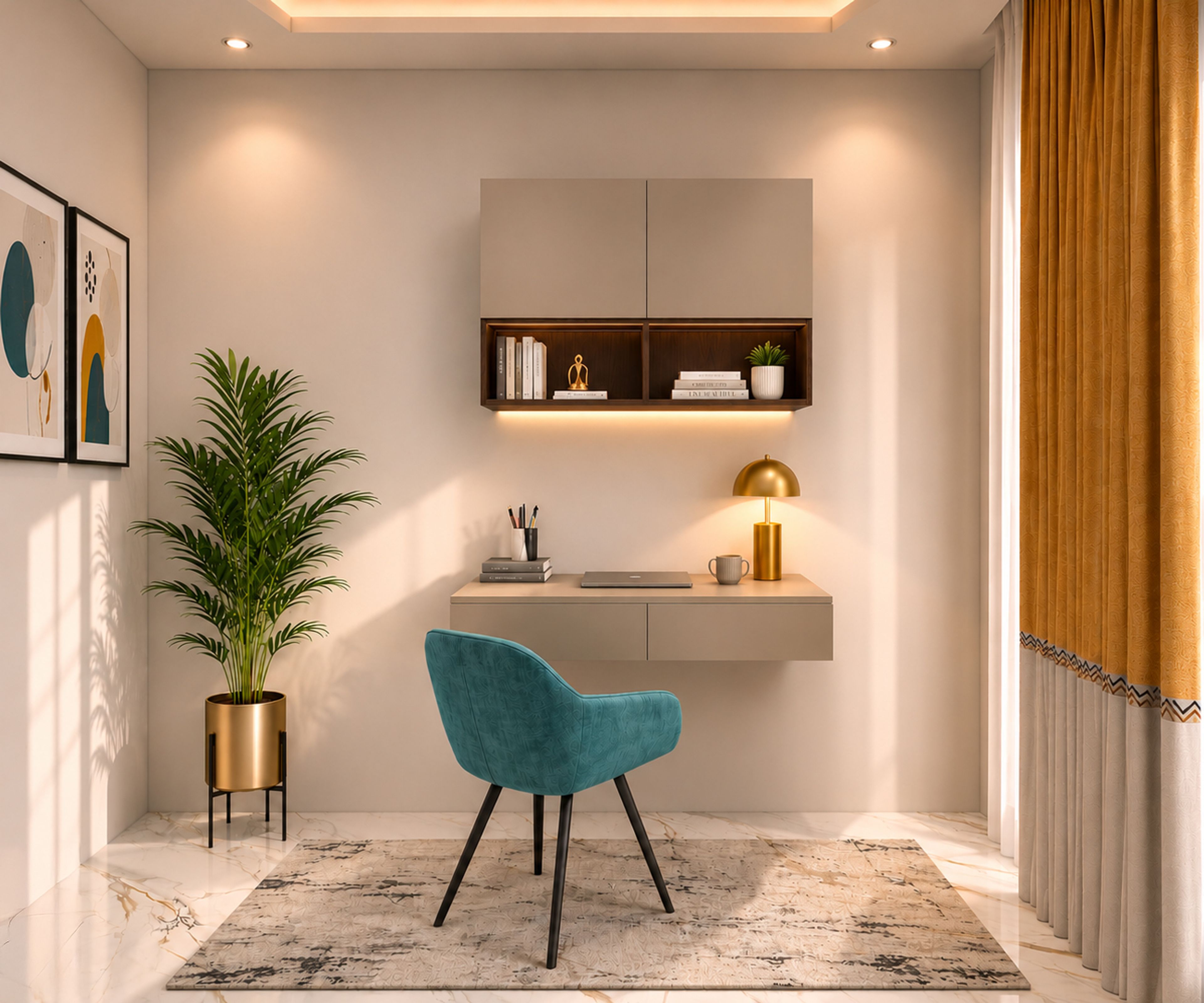 Contemporary Cream Home Office Design with Floating Desk and Wall Cabinet
