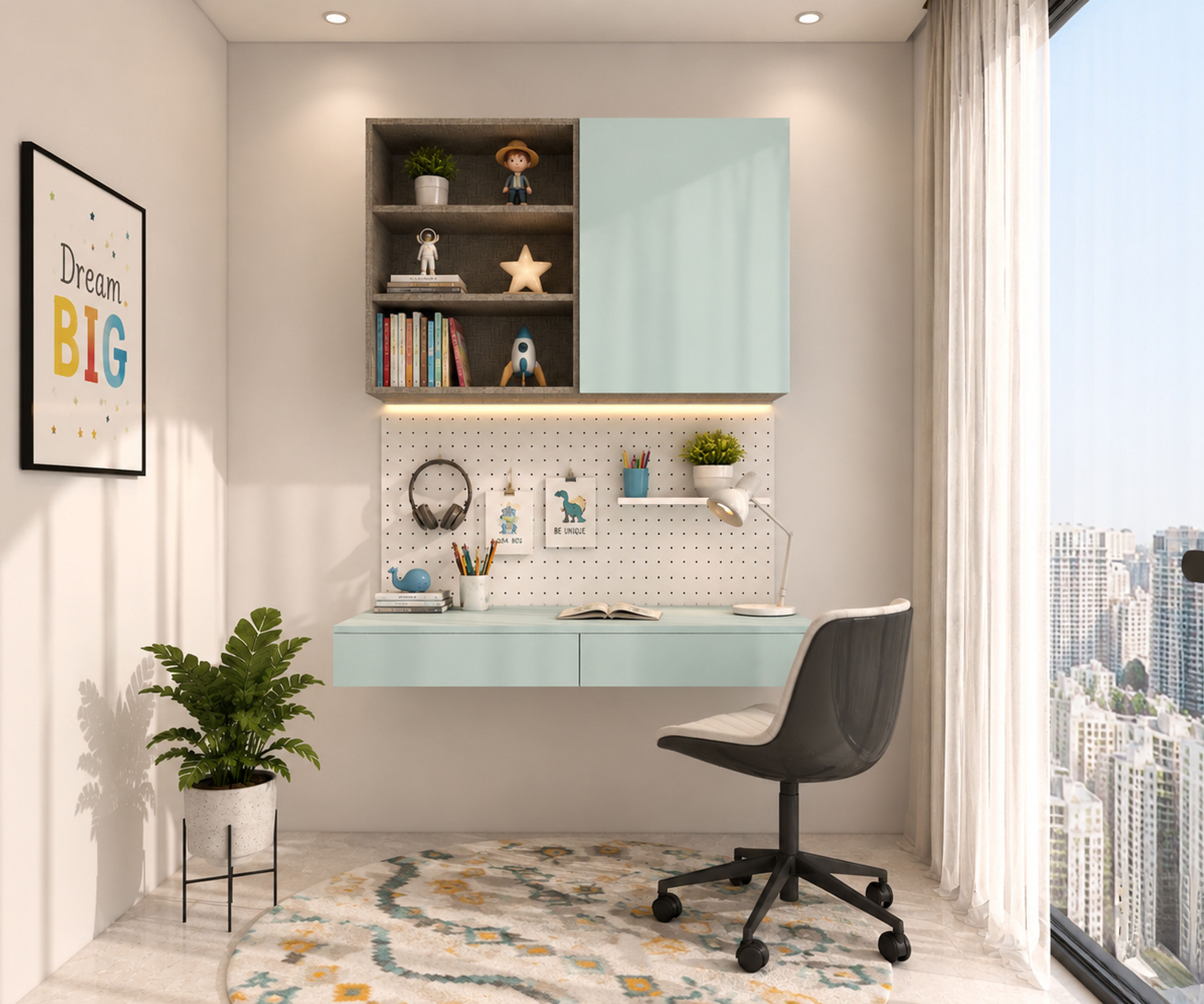 Minimal Blue Home Office Design with Pegboard Wall and Open Shelving